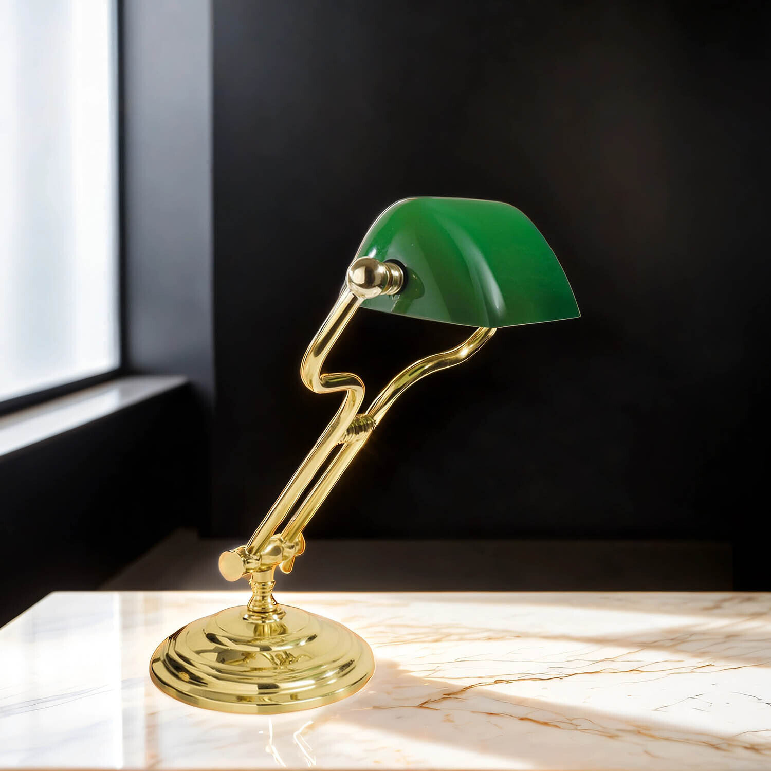 Lampe de banquier Vert H : 35 cm réglable Laiton véritable Verre E14