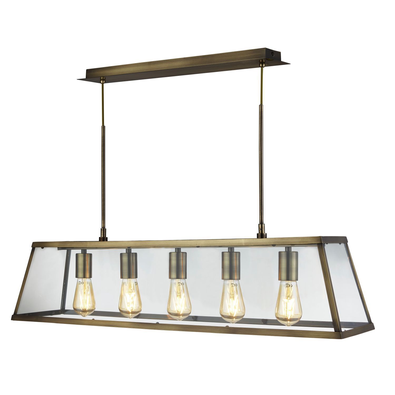 Suspension verre métal L : 90 cm en laiton antique 5x E27