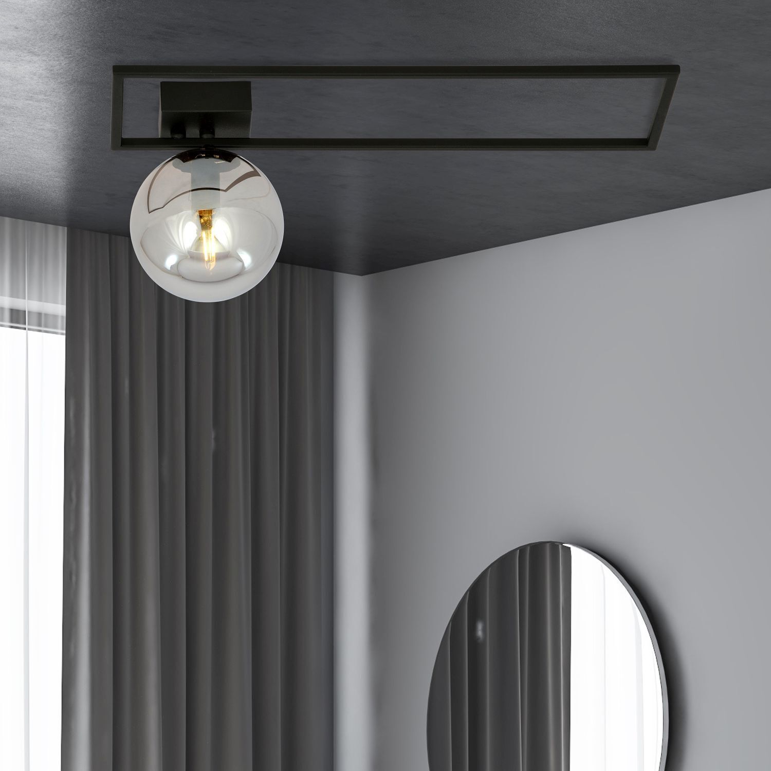 Plafonnier Noir Gris E14 50 cm Abat-jour sphérique Verre Métal