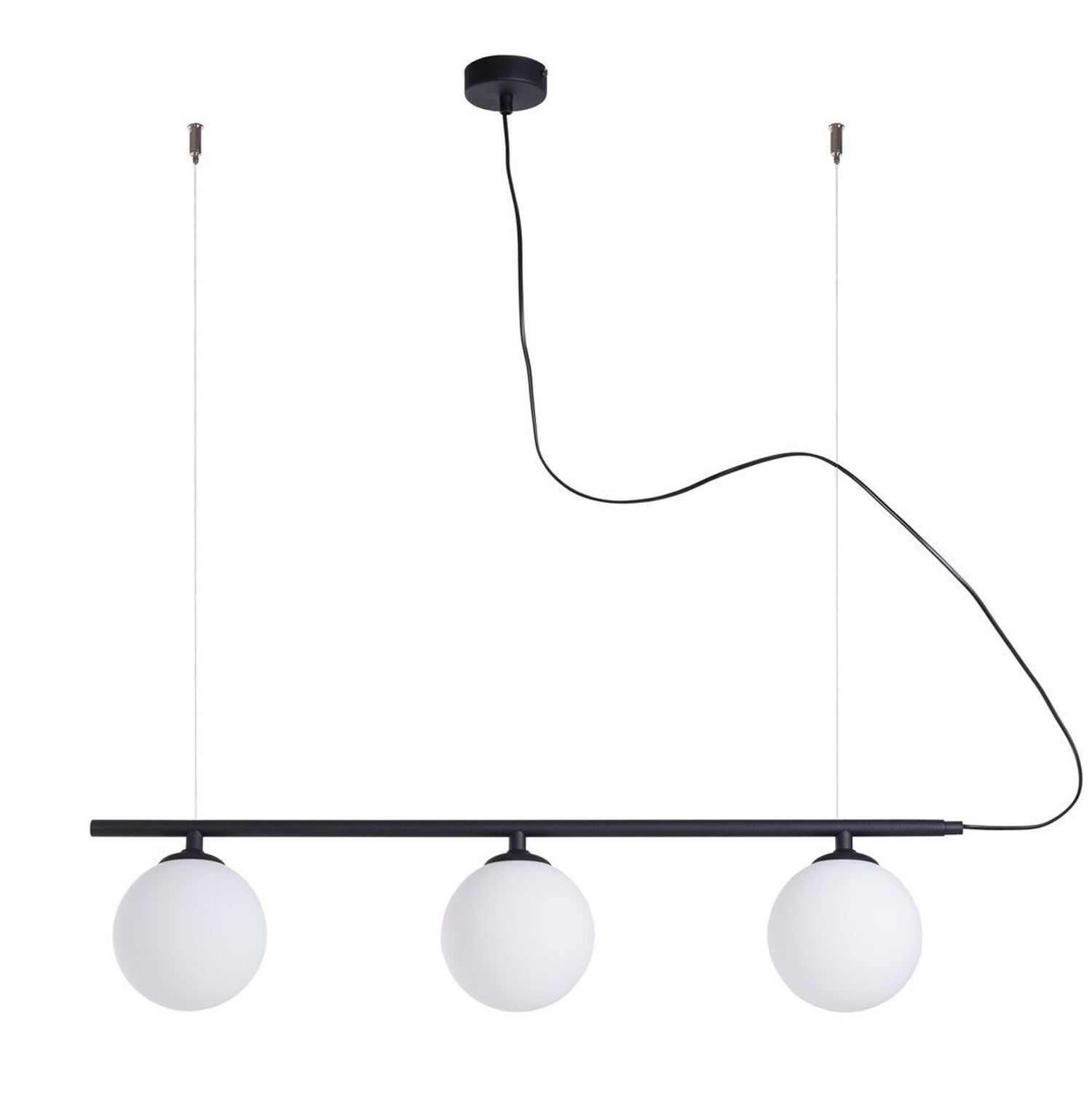 Longue lampe suspendue 3 flammes noir blanc métal verre