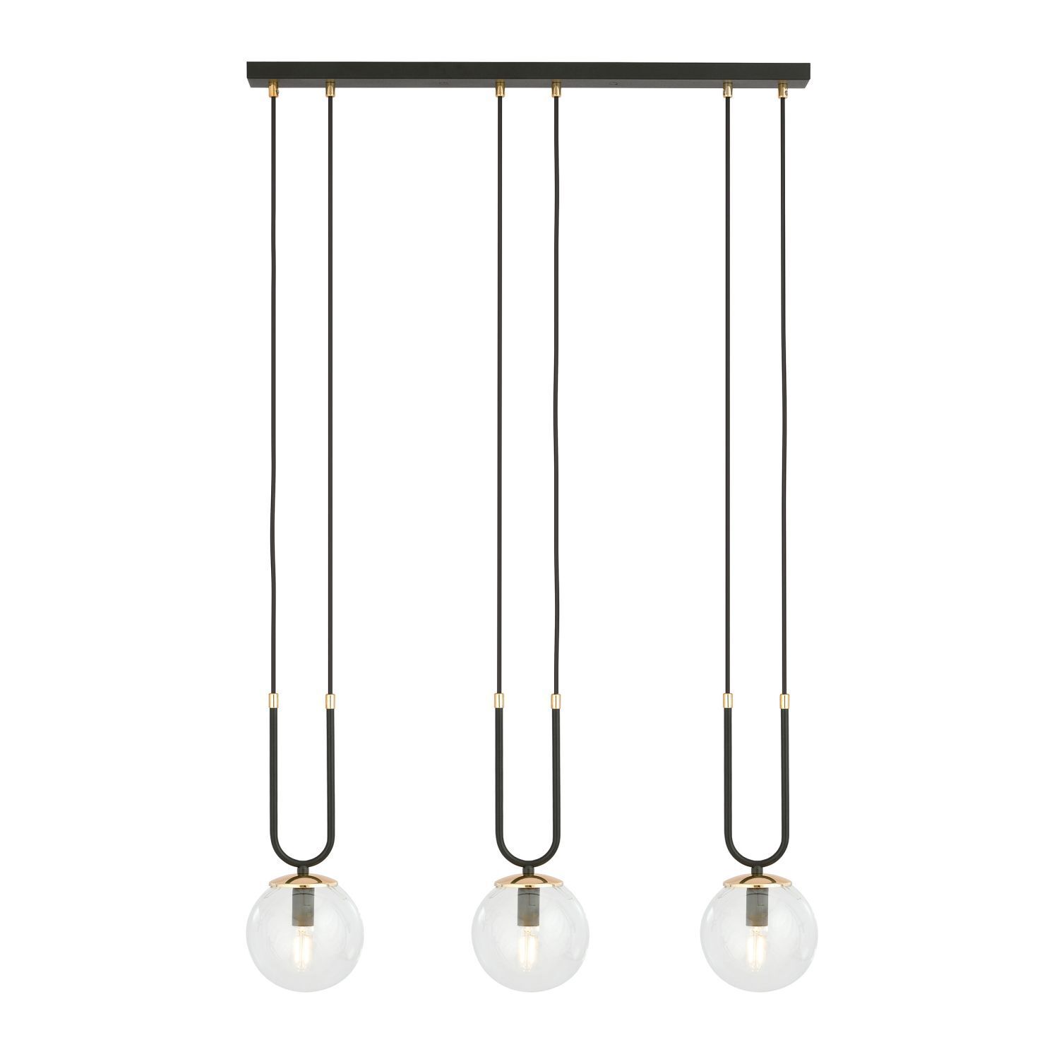 Suspension verre métal L : 70 cm noir or E14 3 flammes