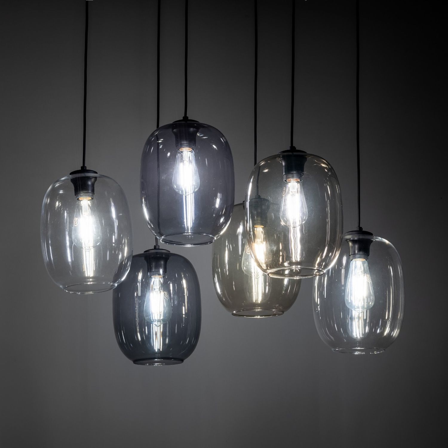 Suspension verre fumé métal L : 70 cm H : max. 1,3 m 6x E27 Leuchter, Lampe