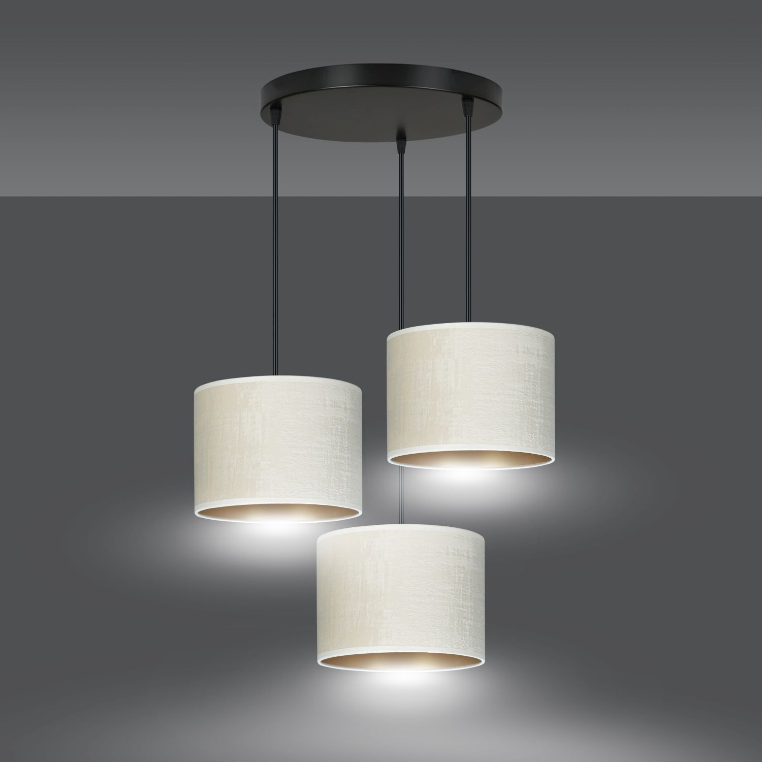 Suspension Blanc Or Noir Métal Tissu E27 3 flammes