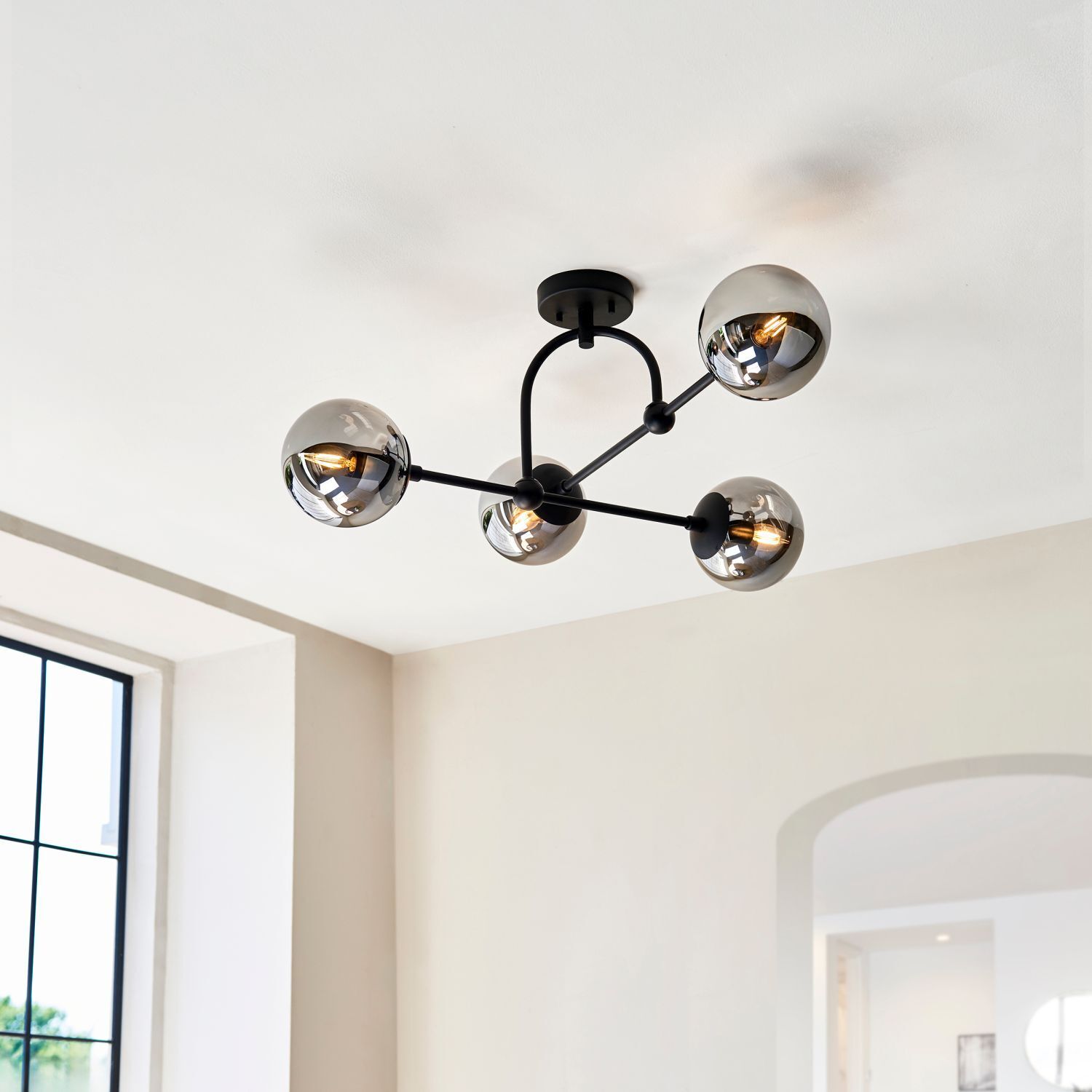 Lampe de plafonnier métal verre fumé L : 70,5 cm noir gris 4x E14