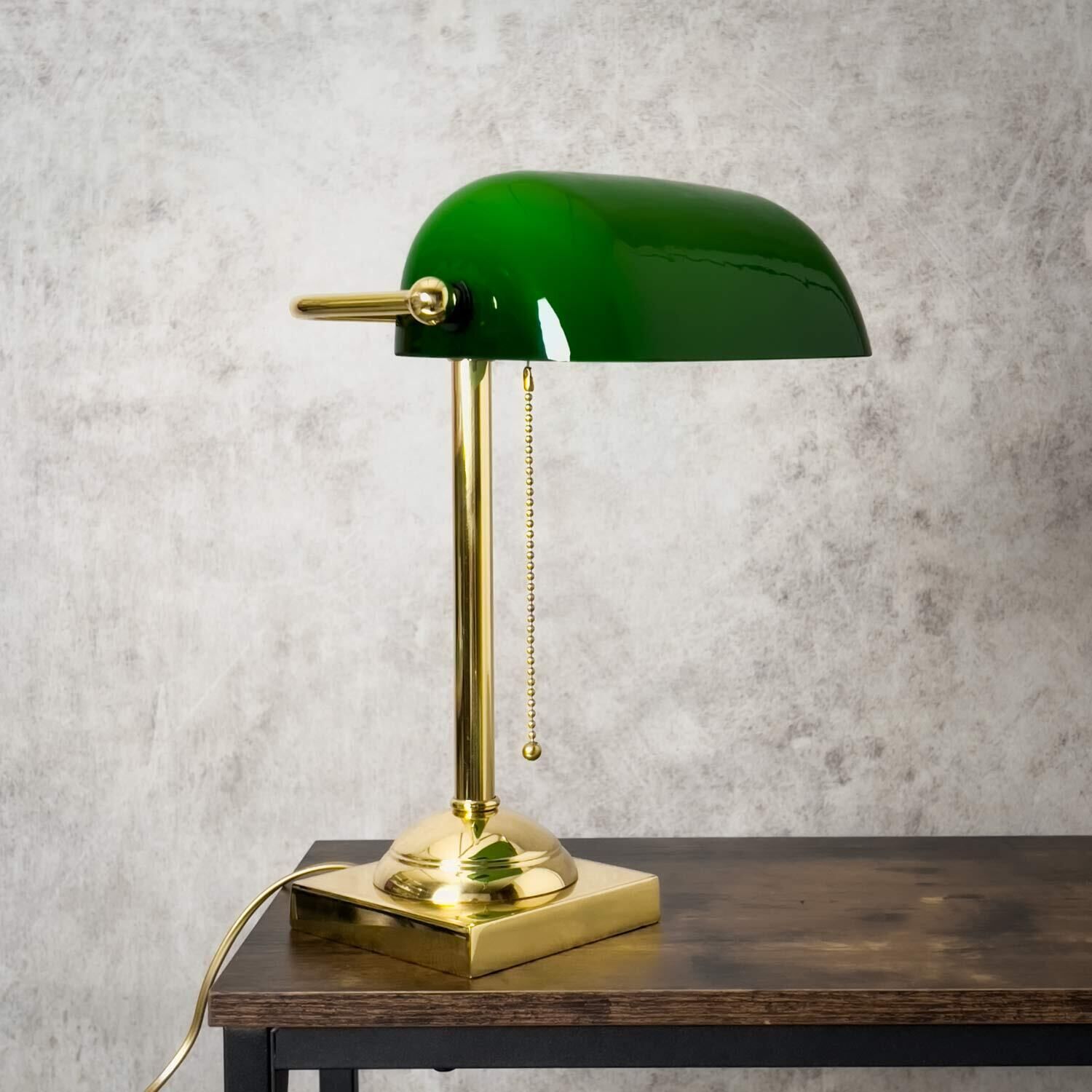 tischlampe-glasleuchte-bankerlampe-messing-lampade-ministero-1x-e27-bis-8w-messing-poliert-gruen-mit-schalter-le108873-02 Tischlampe, Grün, Messing, Schirmlampe, Kettenzug
