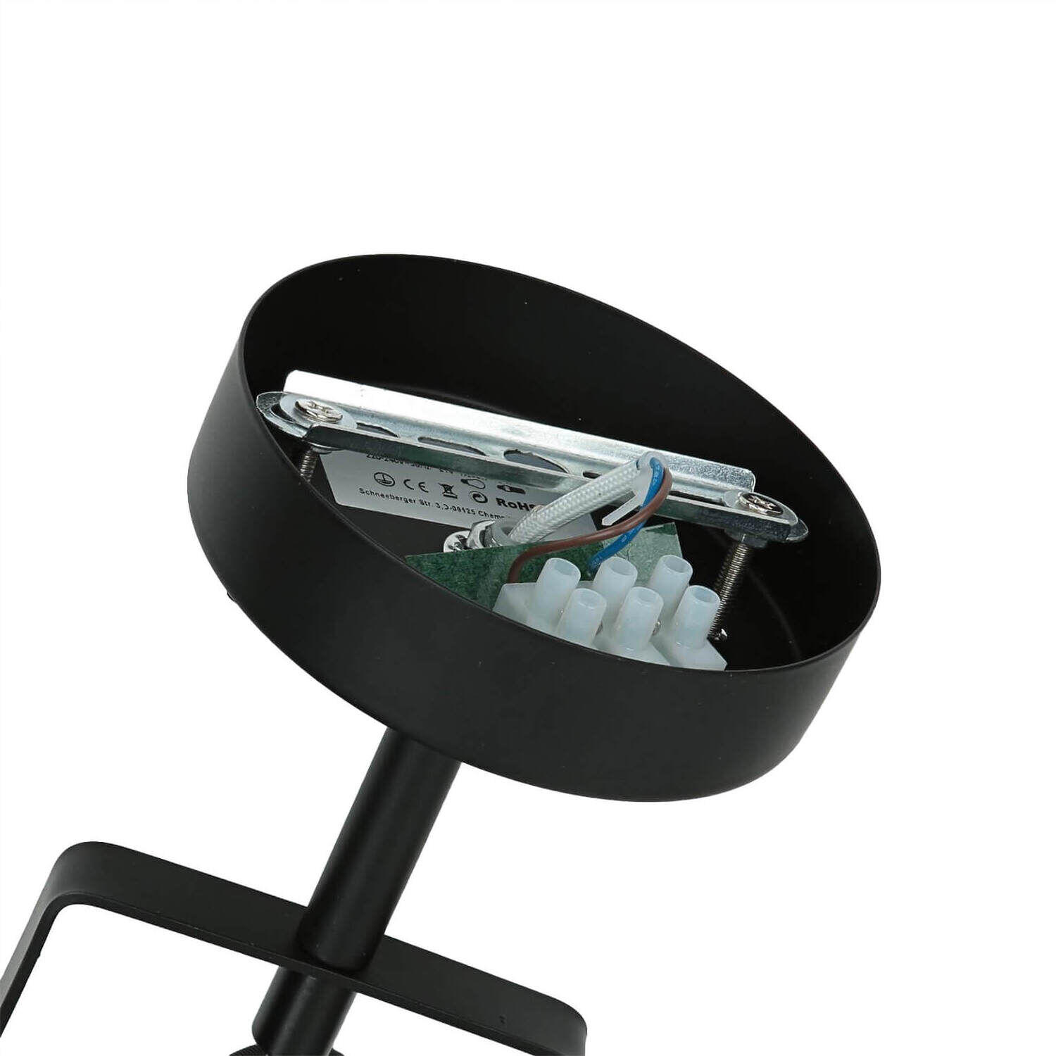 Spot Lampe Schwarz Metall rund Retro DALLAS LED-Module, Lötfahnen, Kabelanschluss, Schuhfeder, Stromversorgung