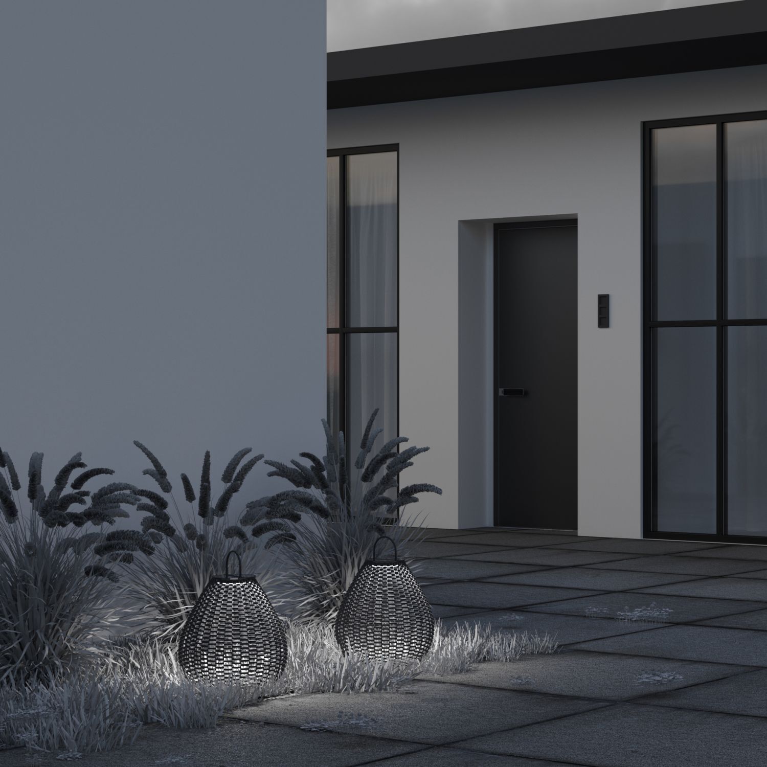 Solar Tischleuchte außen LED Rattan rund D: 36 cm 45 cm Tür