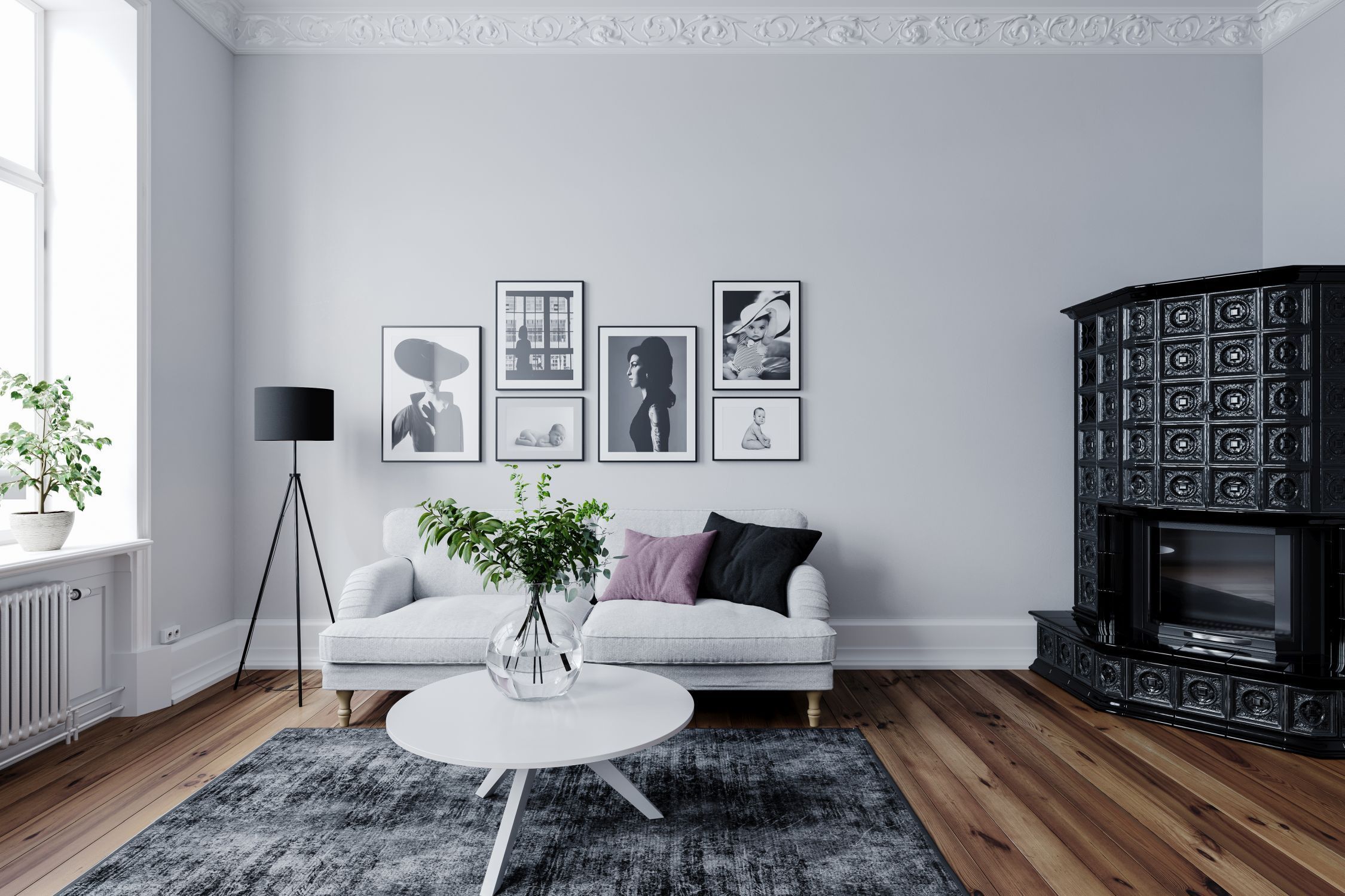 wohnzimmer, foto collage, sofa, kamin, pflanzen