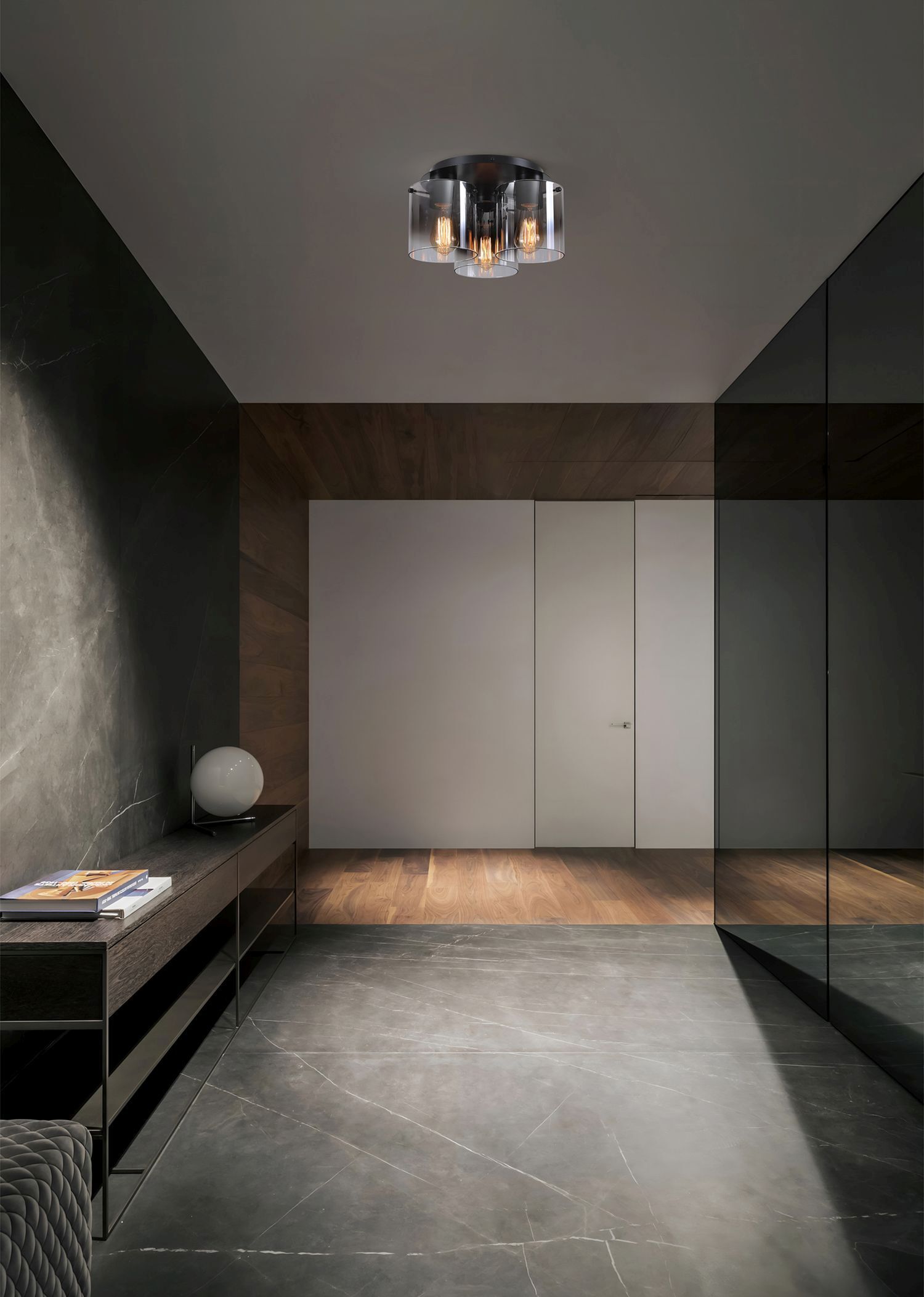 Lampe de plafonnier verre métal noir gris fumé 3 flammes Fußboden, Drinnen, Innenarchitektur, Bodenbeläge