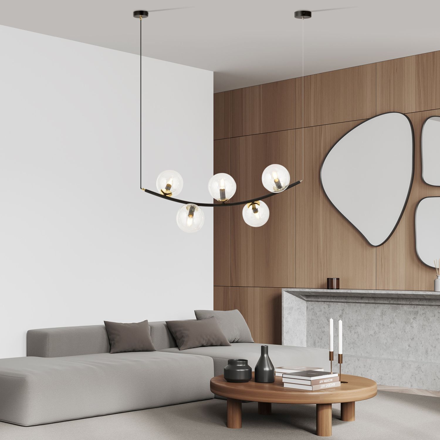 Lampe à suspendre verre métal L : 80 cm en noir or E14 5 flammes