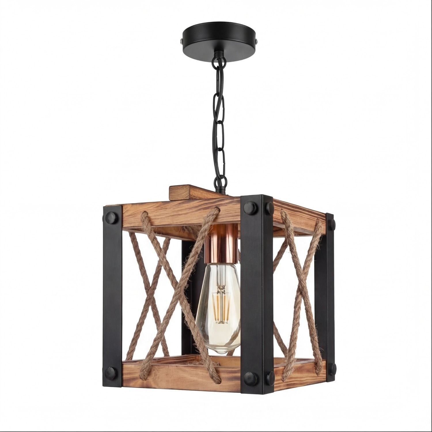 Lampenpendel, Holz, Mesh-Lampenschirm, Kordelseil, Edison-Birne