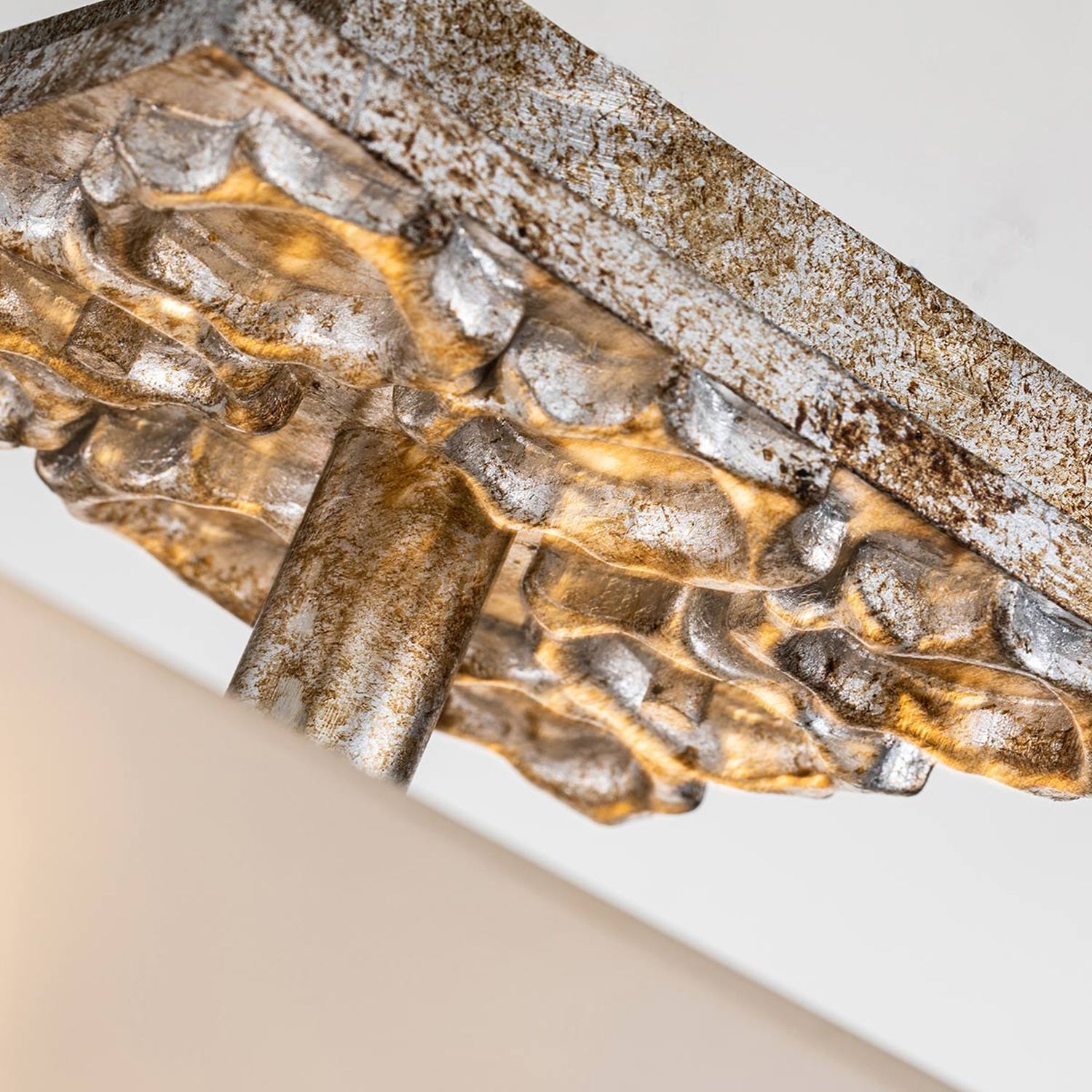 Plafonnier léger verre métal L : 36,8 cm 2x E27 argent antique blanc