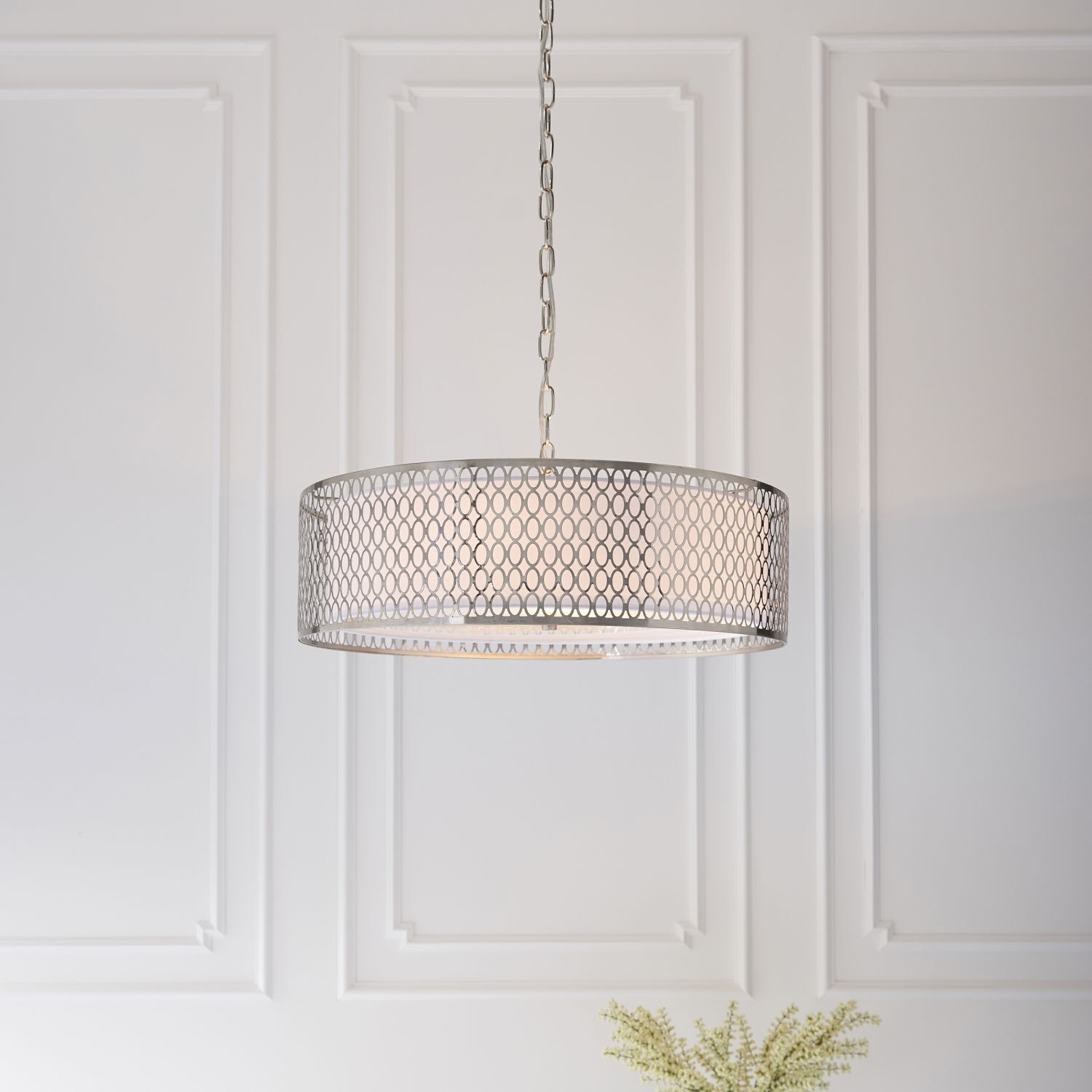 Suspension ronde Ø 56 cm métal verre tissu en nickel blanc 3x E27
