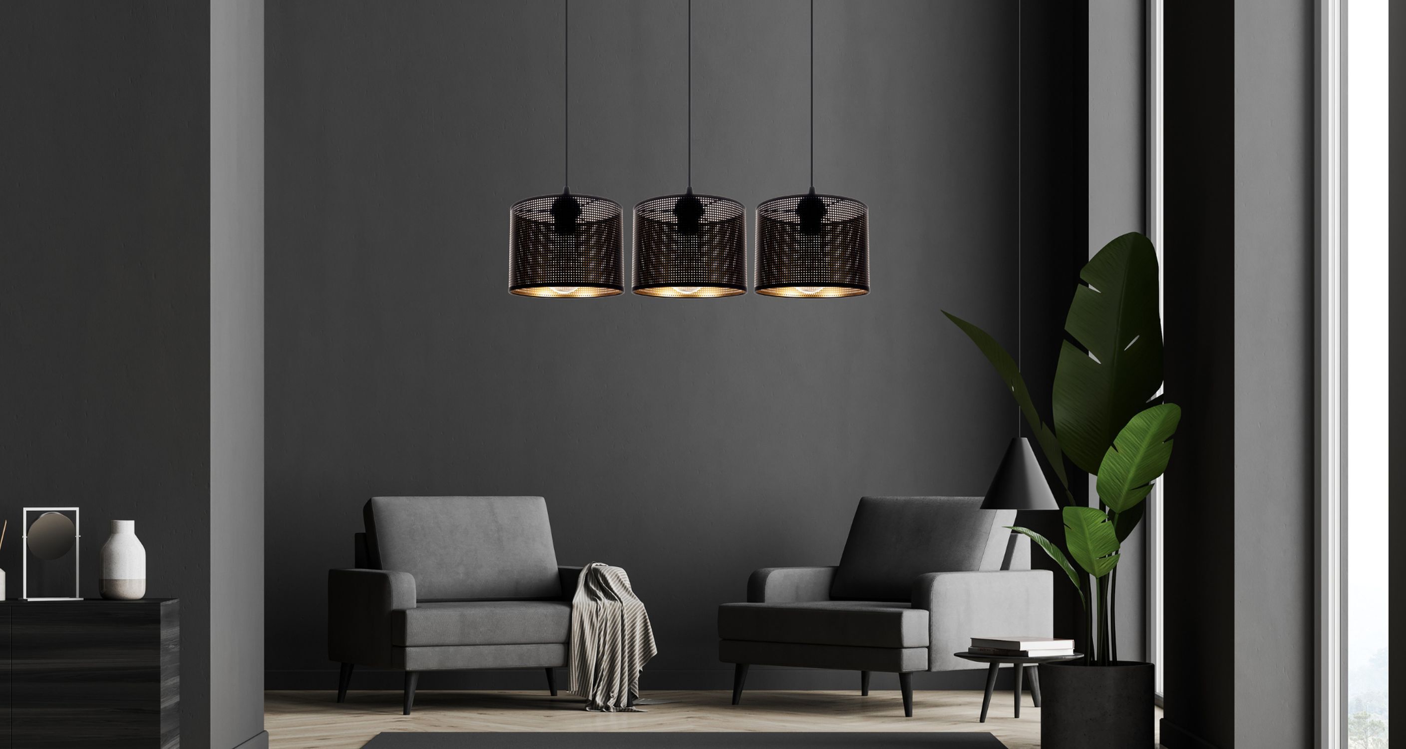 Wohnzimmer, Hängelampen, Dreierlampe, dunkelgrau, Sessel