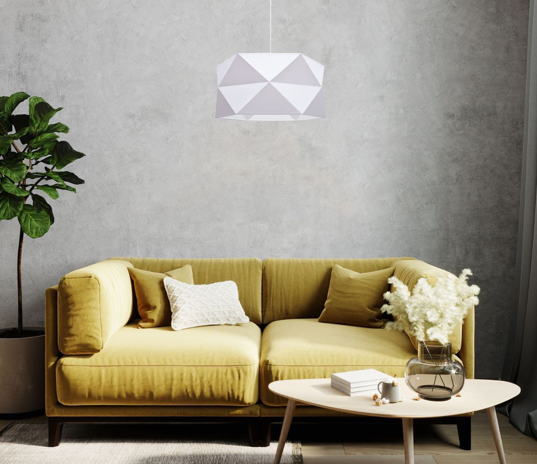 Moderne Pendelleuchte Stoff blendarm E27 L:70 Weiß sofa, couch, Gelb, Wohnzimmer, Couchtisch