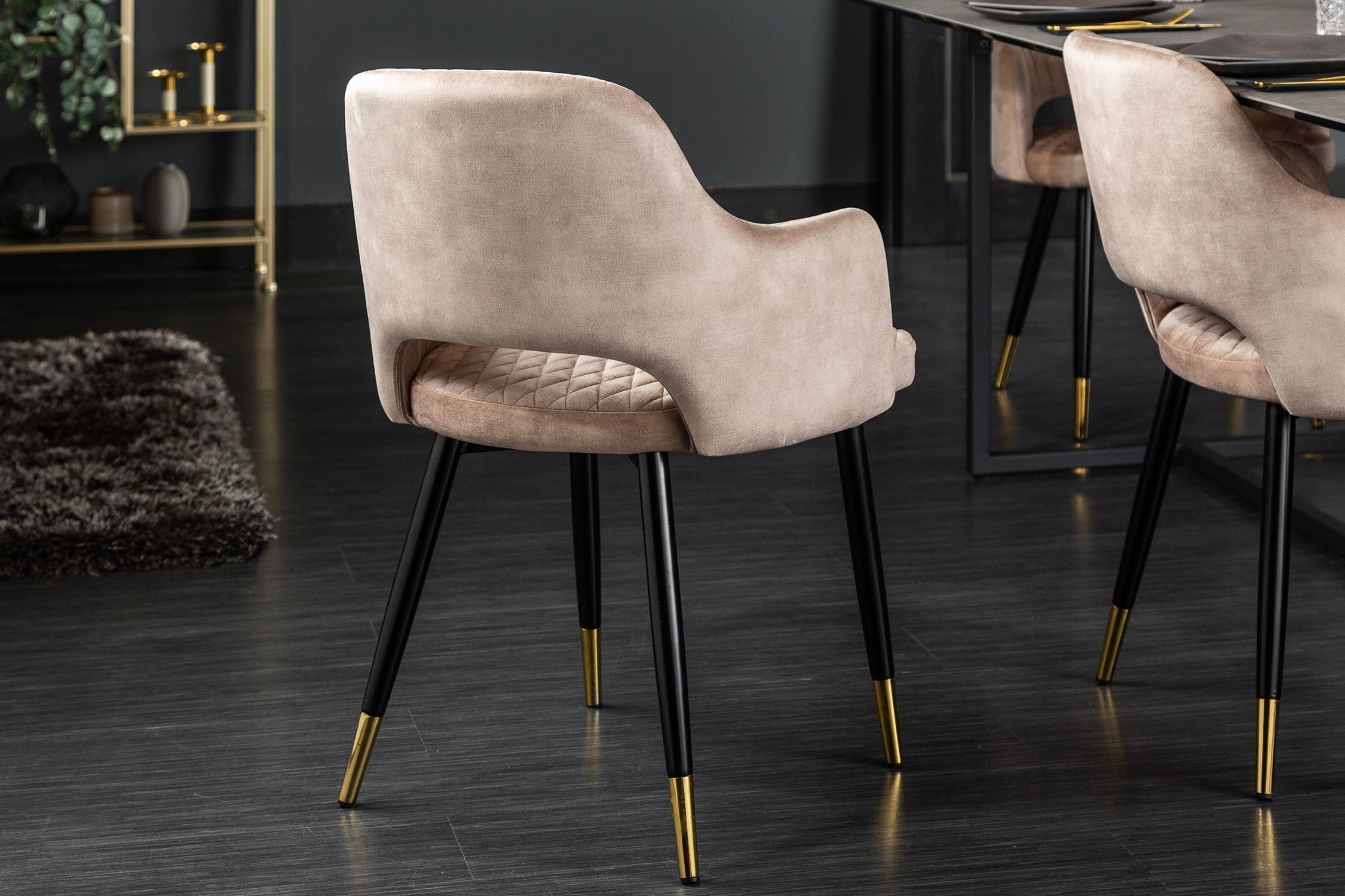 Chaise de salle à manger avec accoudoirs velours gris noir or Moebel, Stuhl, Drinnen, Innenarchitektur, Fußboden