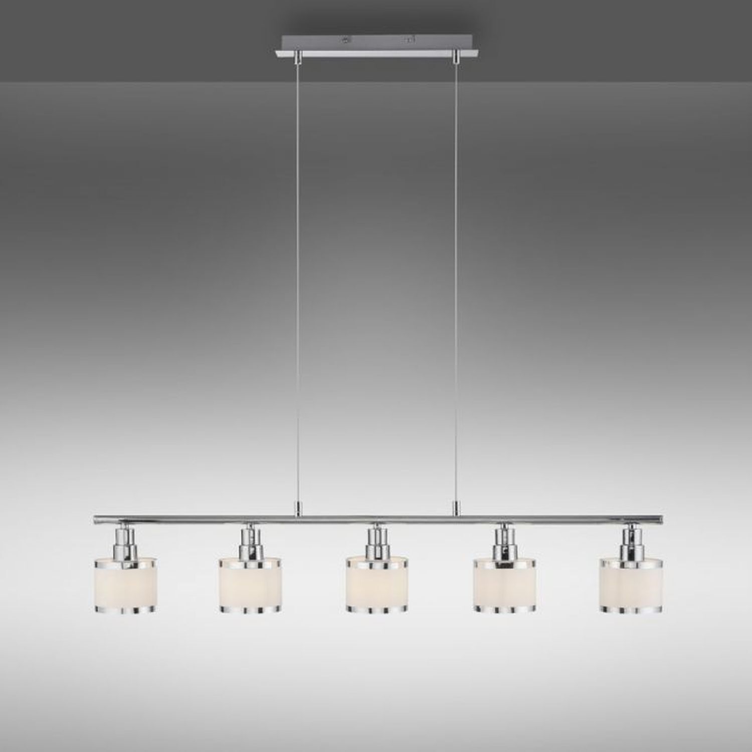Suspension longue métal chrome 5 flammes E14 90 cm