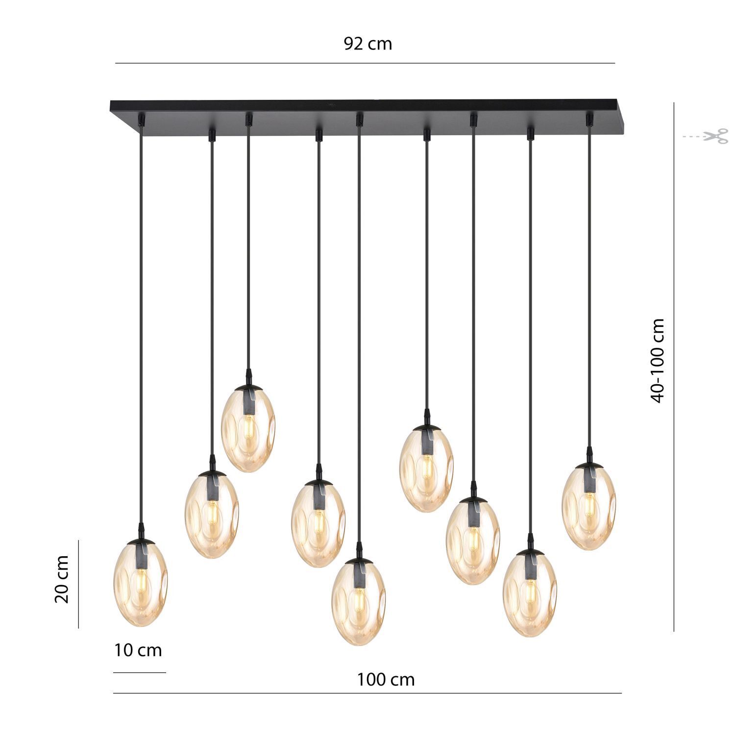 Lampe à suspendre grand verre 9 flammes en ambre noir E14