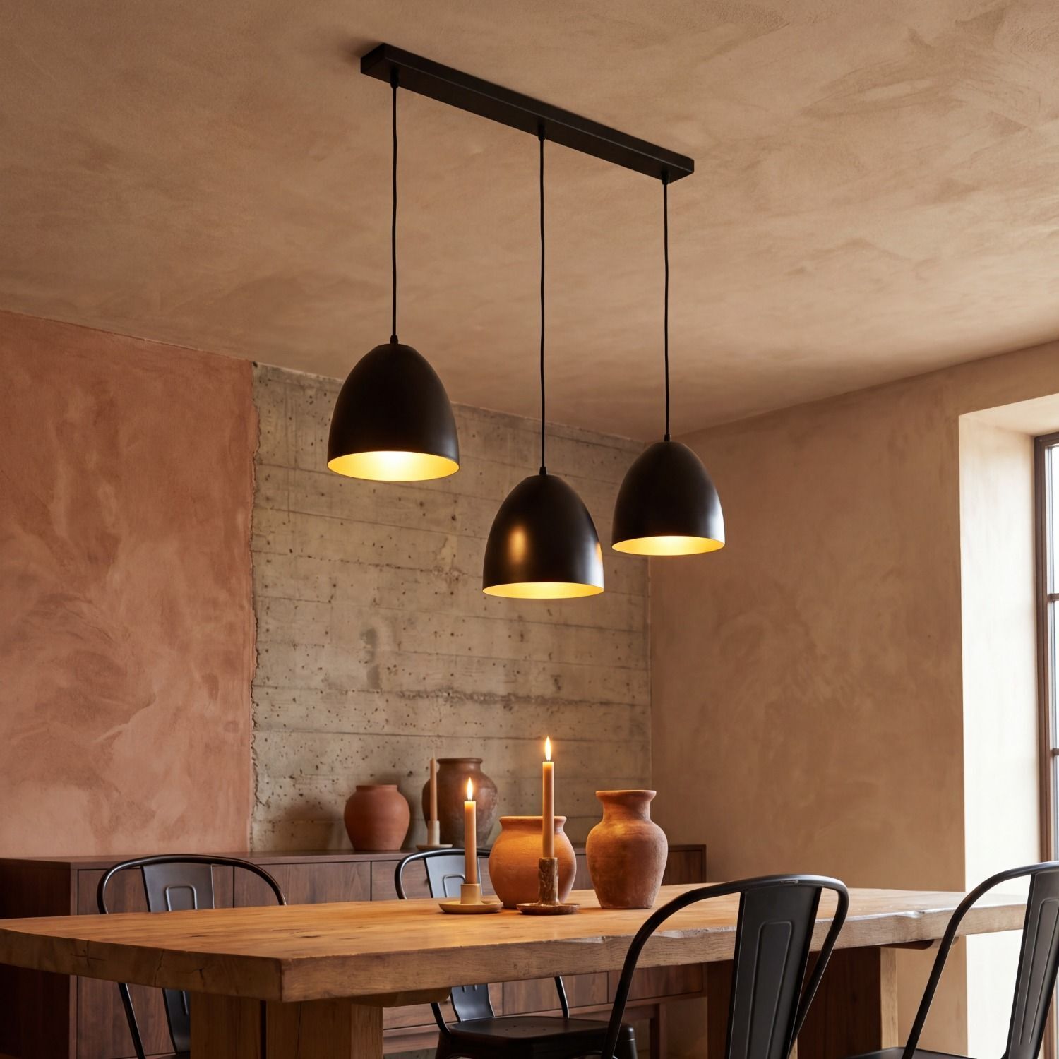 pendant lights, schwarze lampen, holzertisch, tonvasen, kerzen