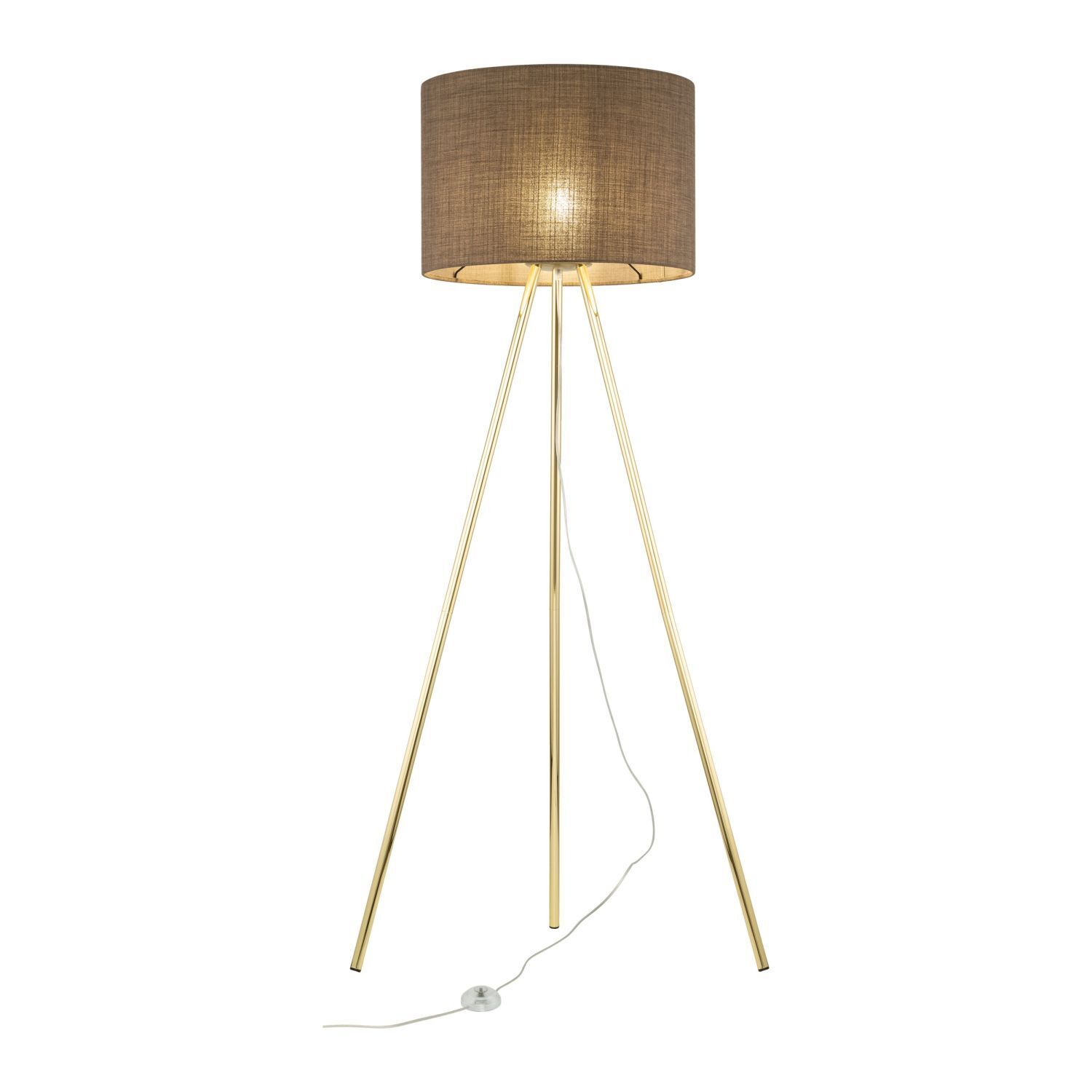 Lampadaire Trépied 160 cm Tissu Métal doré Marron E27