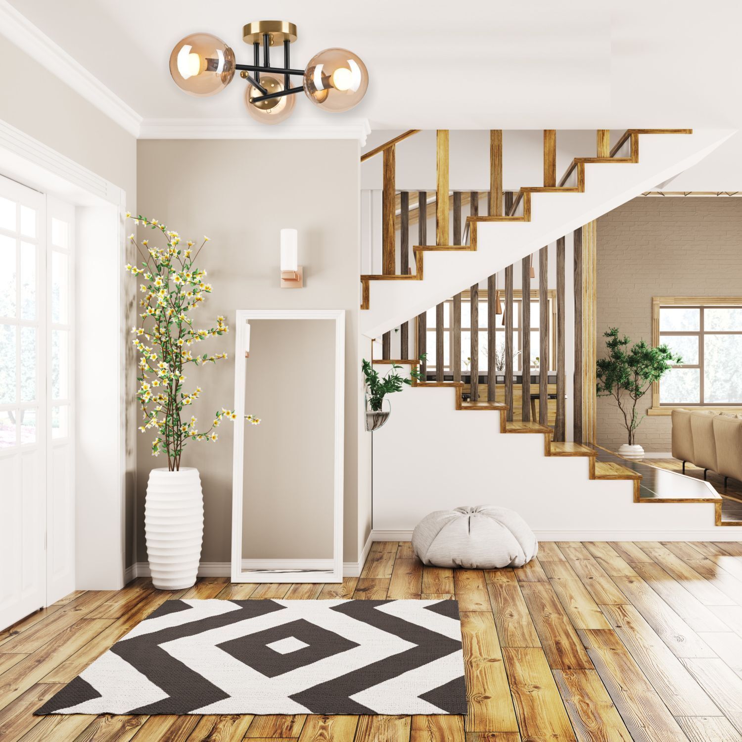 treppe, holztreppe, innenraum, teppich geometrisch, pflanze topf