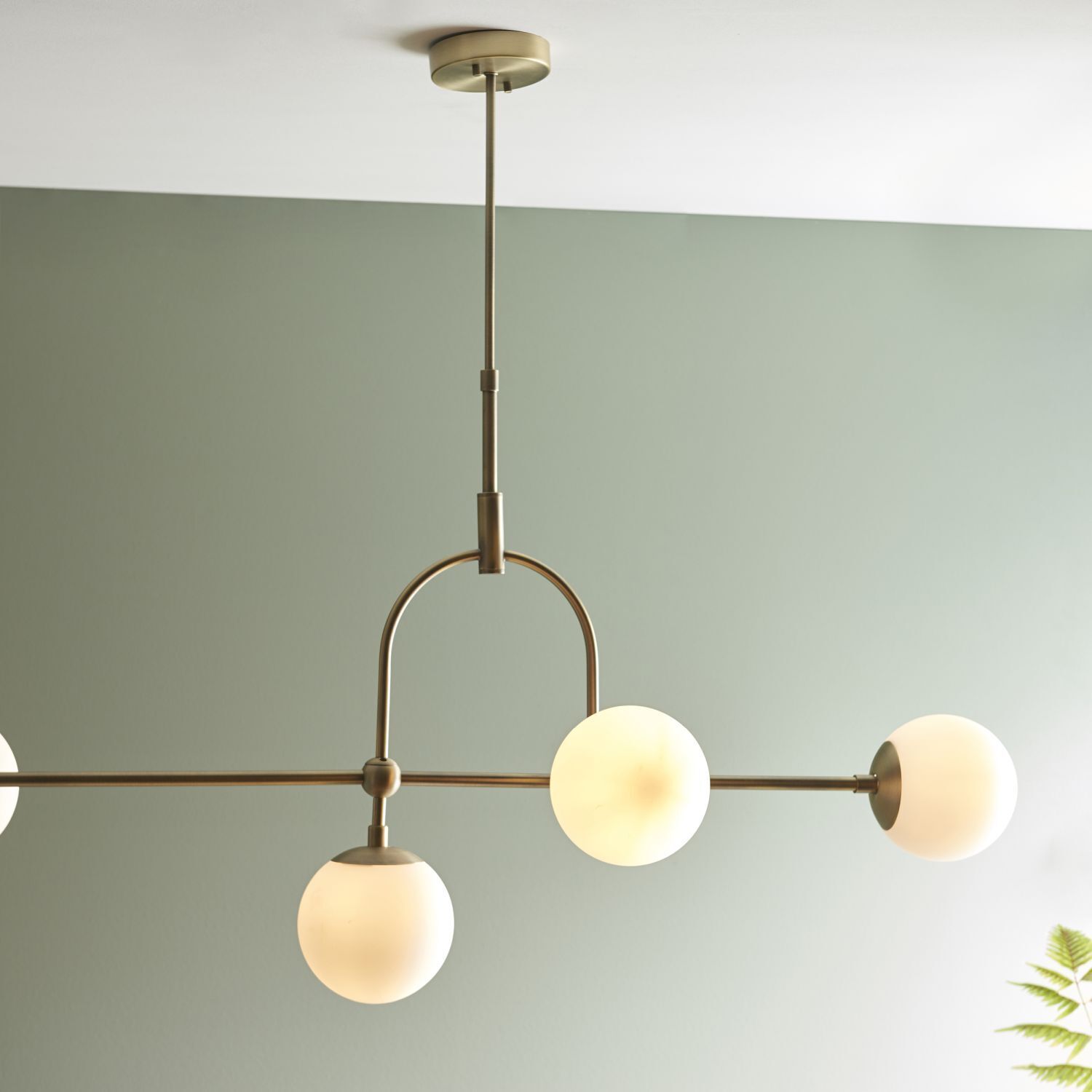 Lampe à suspendre verre métal 162 cm de long laiton antique blanc 5x E14