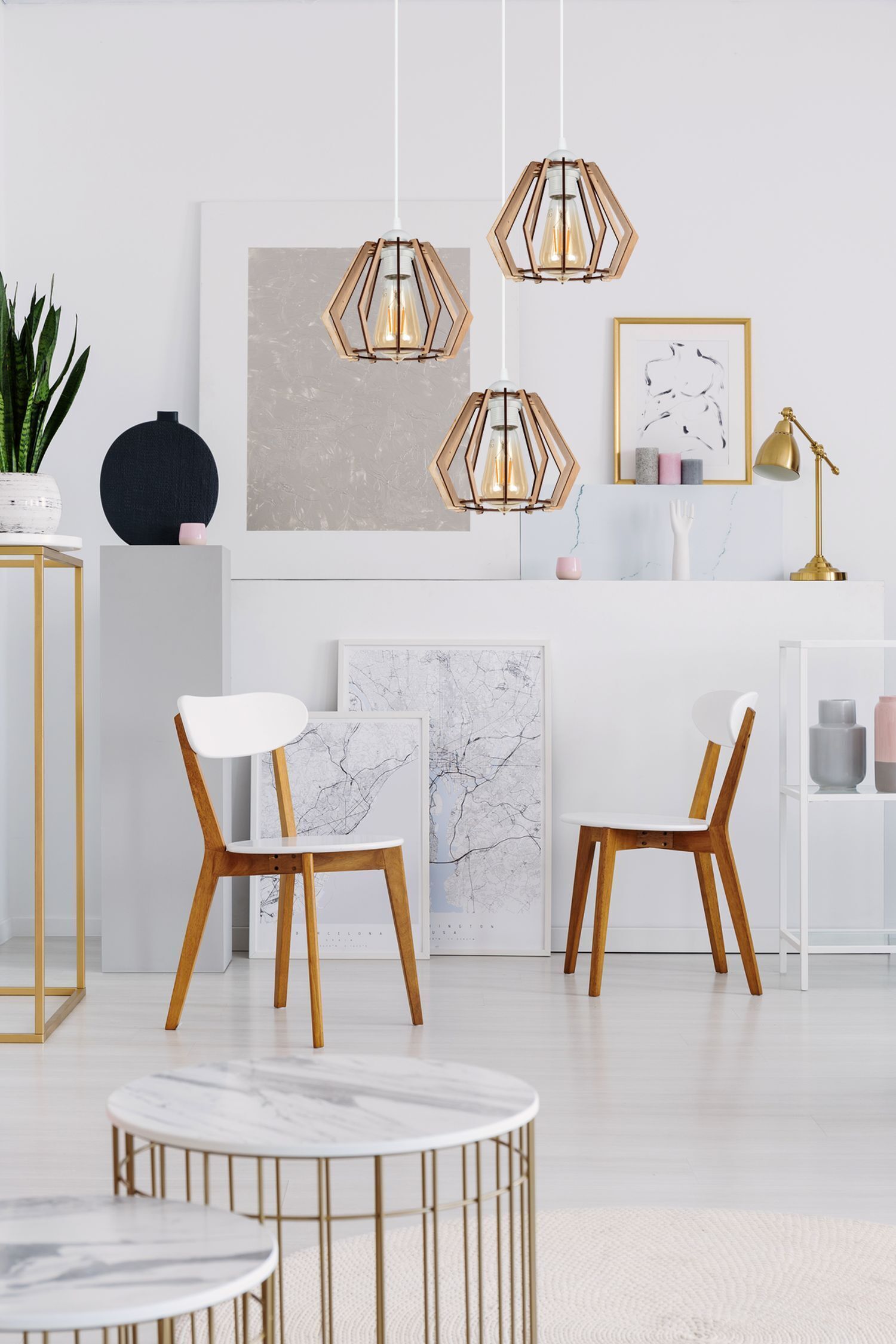 pendant lamp, geometric lamp, wood chair, white interior, art print