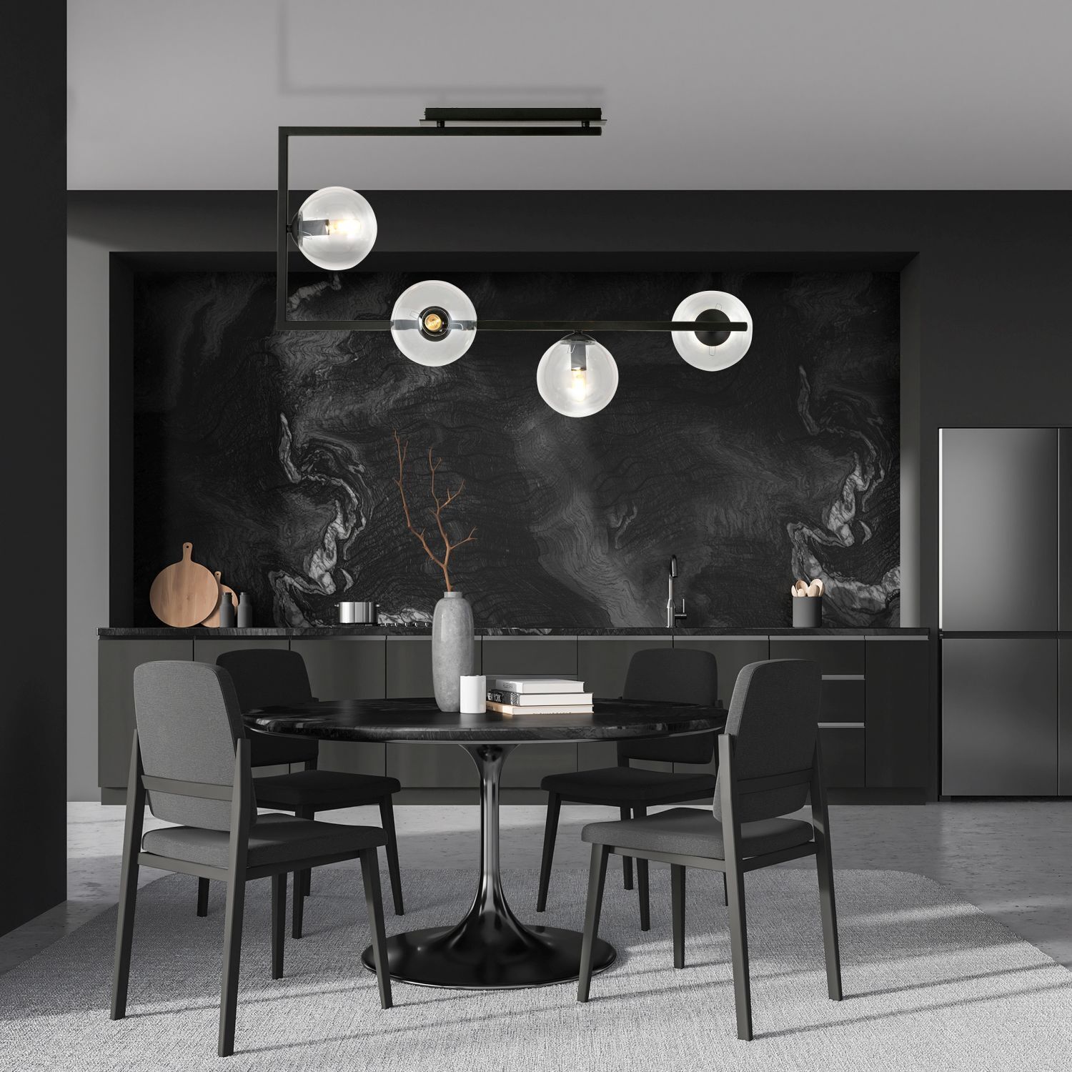 Plafonnier verre métal 83 cm de long noir E14 4 flammes