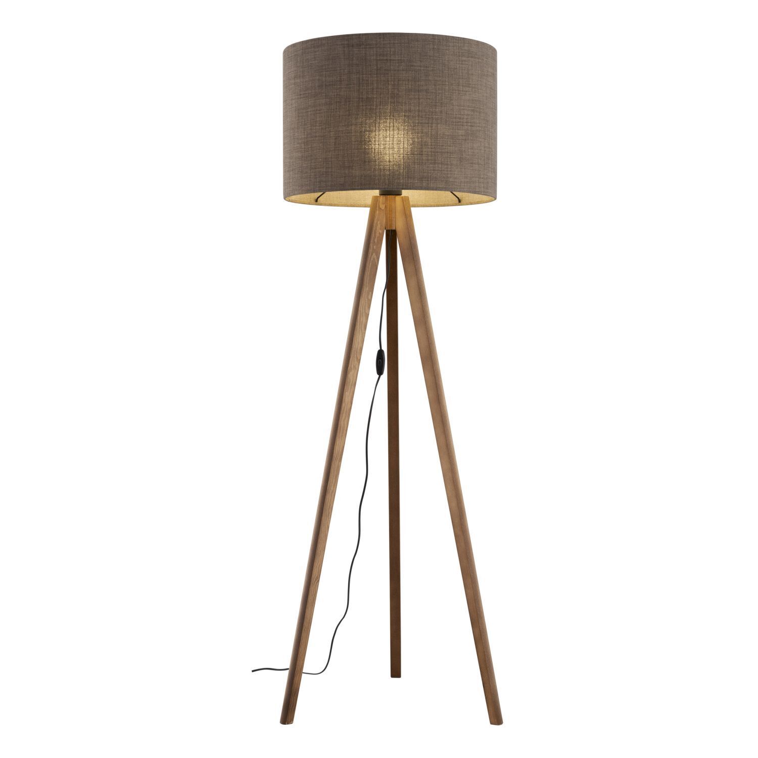 Lampadaire tripode 145 cm petit E27 tissu bois brun Skandi