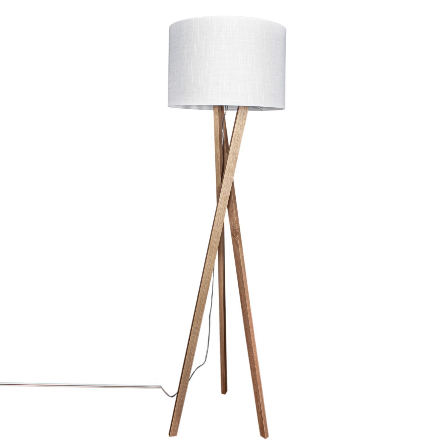 Lampadaire bois tissu E27 160 cm trépied chêne blanc