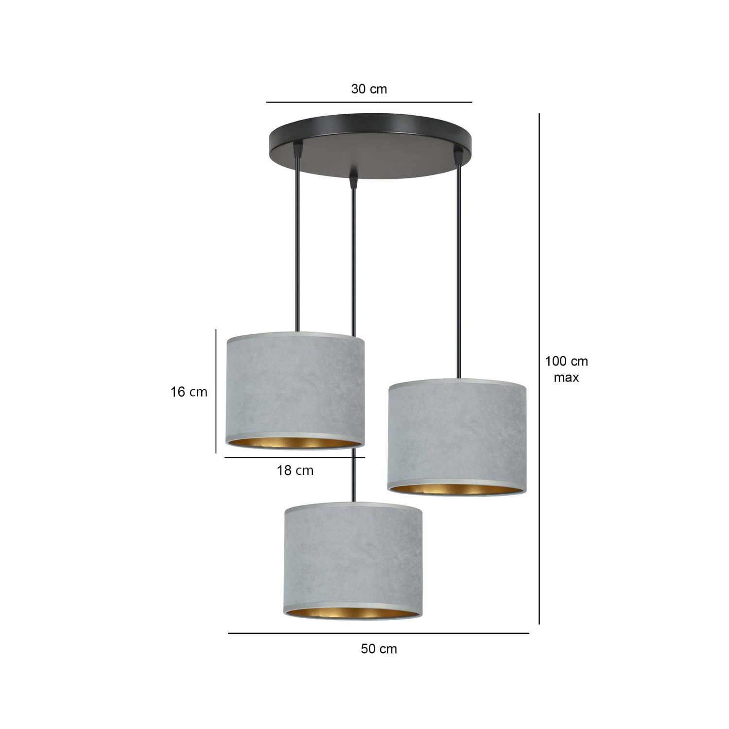 Lampe à suspendre 3 flammes E27 tissu métal noir gris or