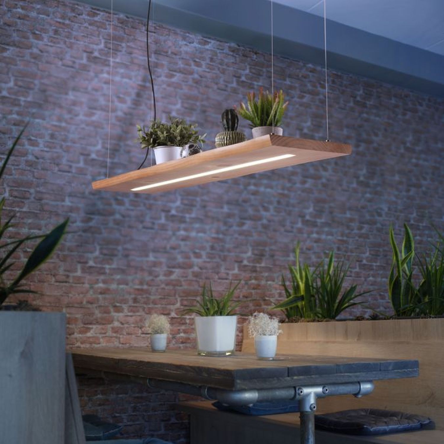 LED Pendelleuchte Holz Fernbedienung L:120 cm dimmbar Drinnen, Innenarchitektur, Pflanze, Mobiliar, Tabelle