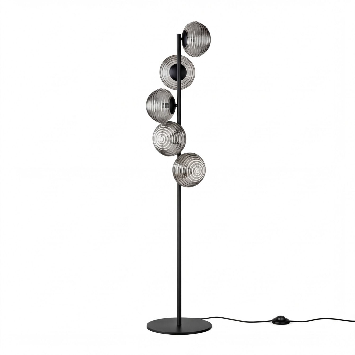 Stehlampe Schwarz Rauchglas Metall Schalter 160 cm E27 Stehlampe, Metalllampe, Rundlamen-Design, Birnenförmige Bauweise, Schwarzer Lampenstab