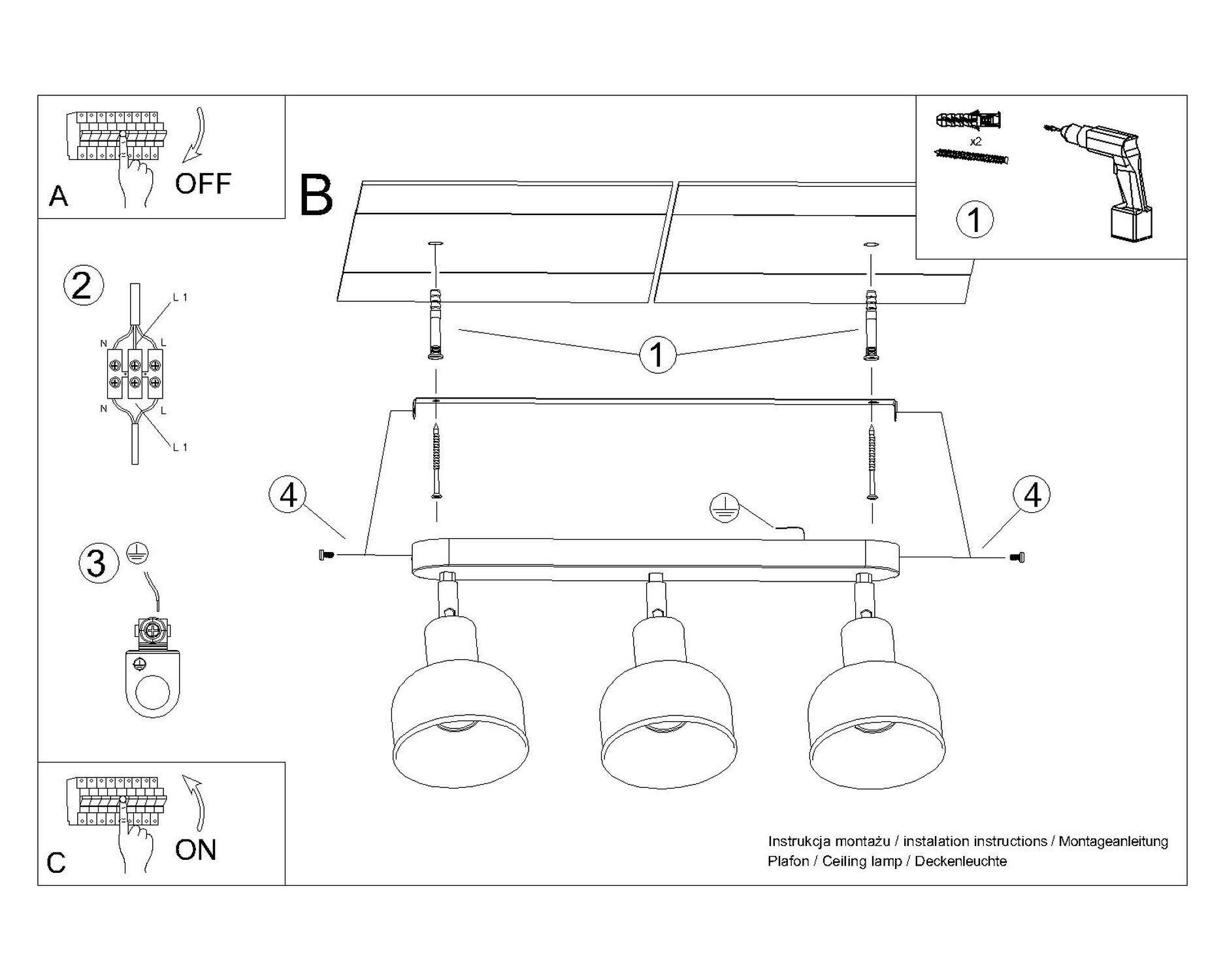 Deckenspot flexibel Schwarz Stahl E27 59 cm 3-flammig deckenlampe, Spotlights, Dreifach-Lampe, Montage, Halterung