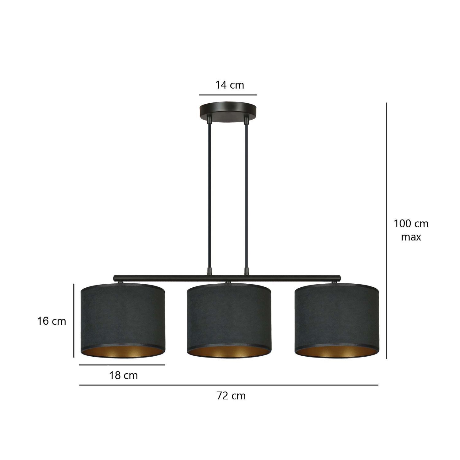 Suspension tissu métal L : 72cm noir or 3-flamme E27