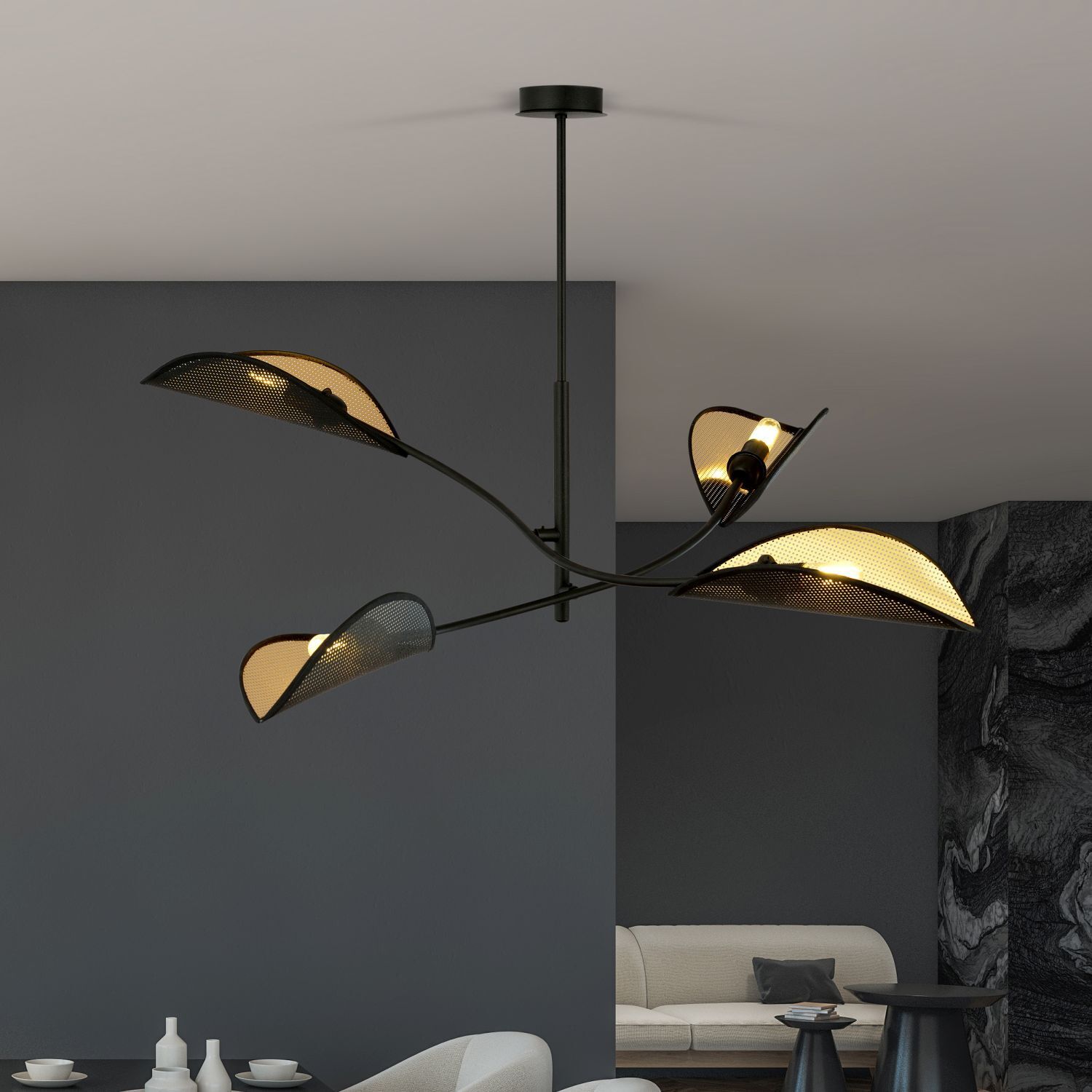 deckenlampe, deckenleuchte, moderner kronleuchter, schwarzes metall, gekrümmte arme