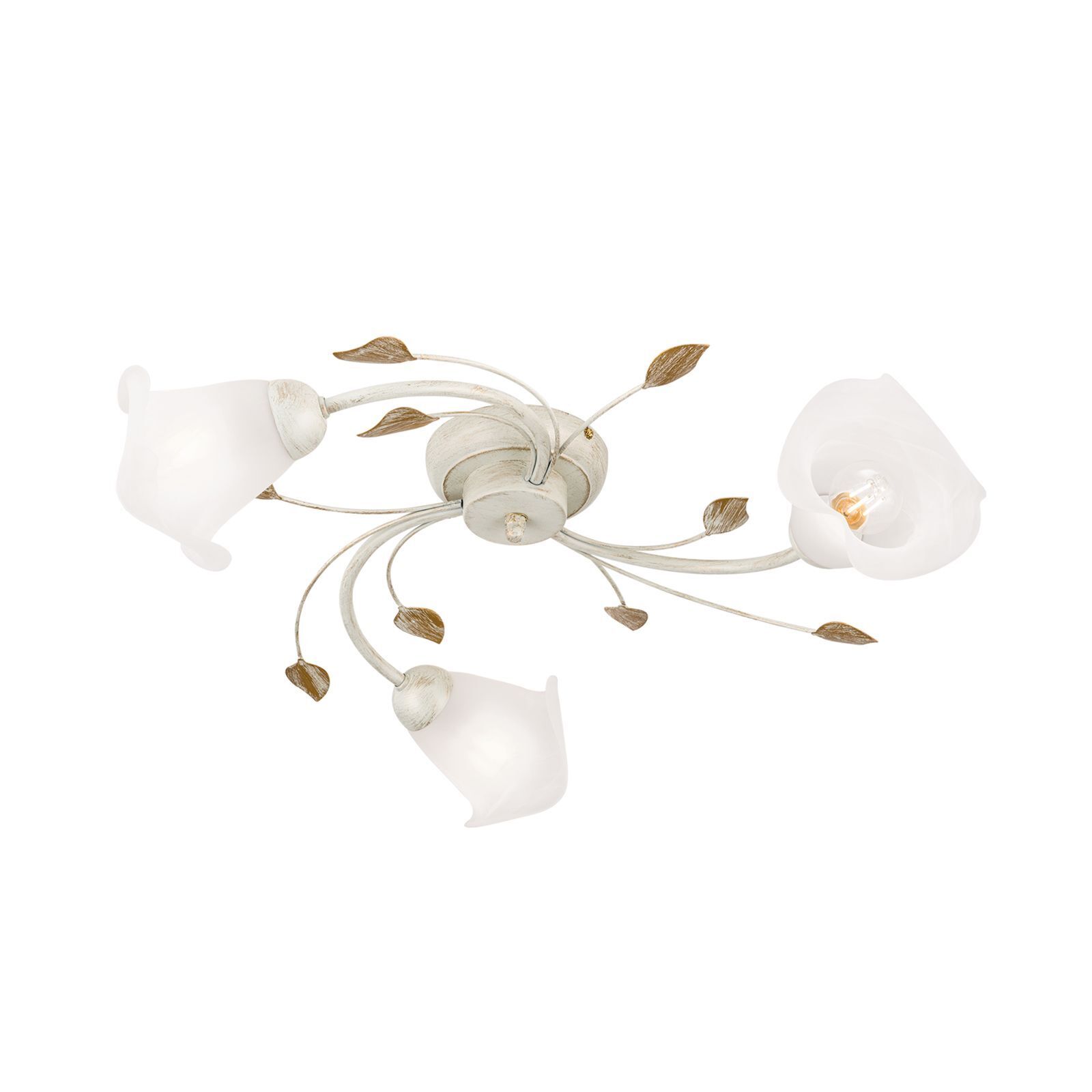 Deckenlampe Metall Glas E14 60 cm breit 3-flammig OSKAR deckenleuchte, blumenleuchte, metallarm, weiße glasblumen, deckenleuchte