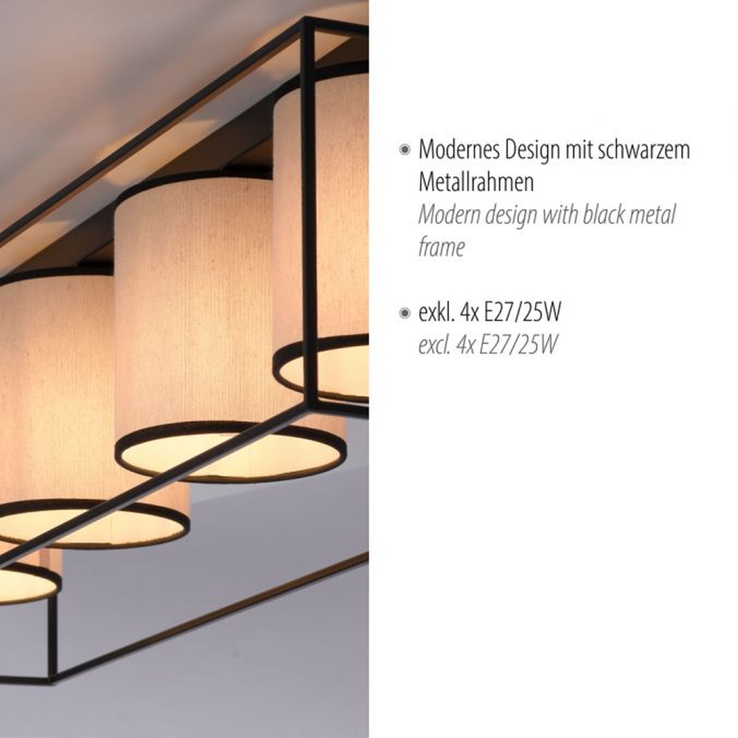 Lampe de plafonnier Tissu Métal Beige Noir E27 4 flammes Lampe, Leuchte