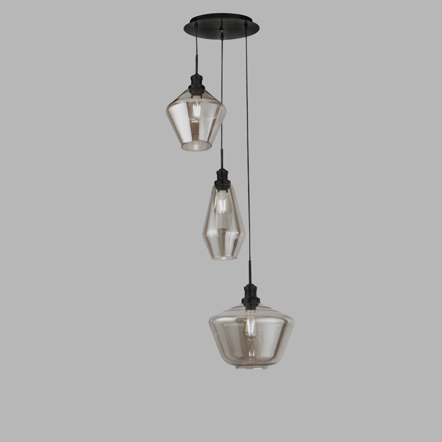 Lampe à suspendre 3 flammes E27 noir gris fumé