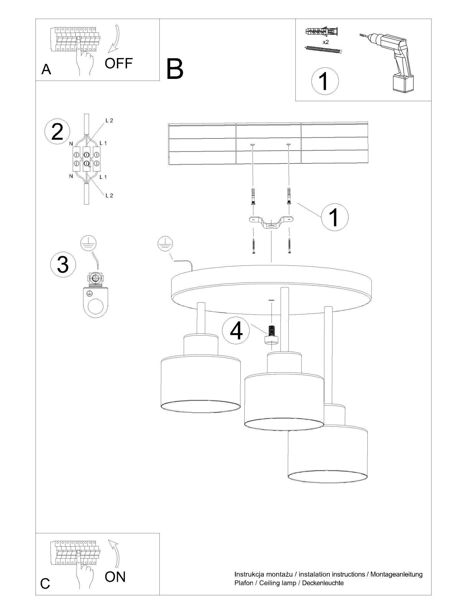 Deckenlampe Schwarz Metall 3-flammig Ø 32 cm E27 CAD-Diagramm, Diagramm, Plan, Handlung