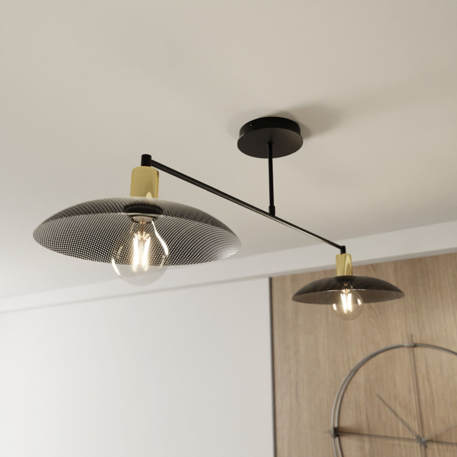 Plafonnier métal 100 cm de long noir or E27 2 flammes