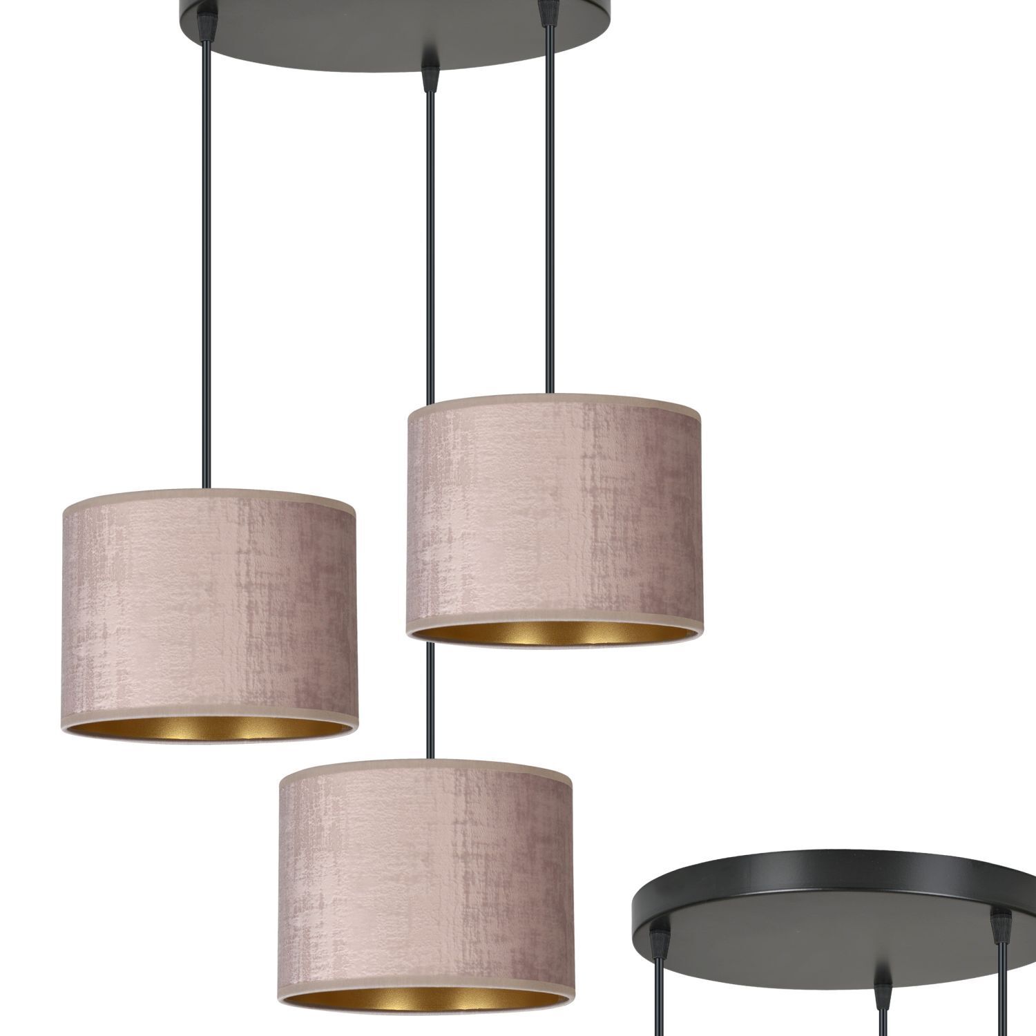 Suspension tissu métal noir rose or 3 flammes E27