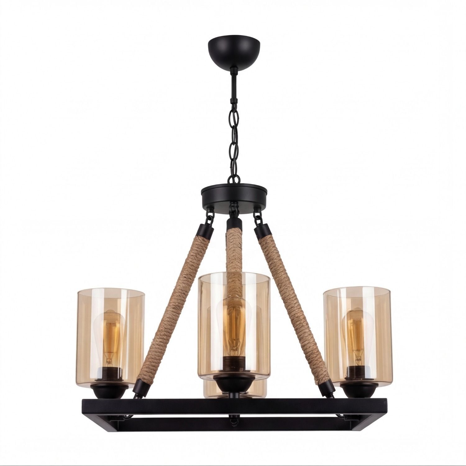 Kronleuchter Metall Rauchglas E27 B: 40 cm 4-flammig Kronleuchter, Pendellicht, Drei-Licht, Seil umwickelt, Schwarzmetall