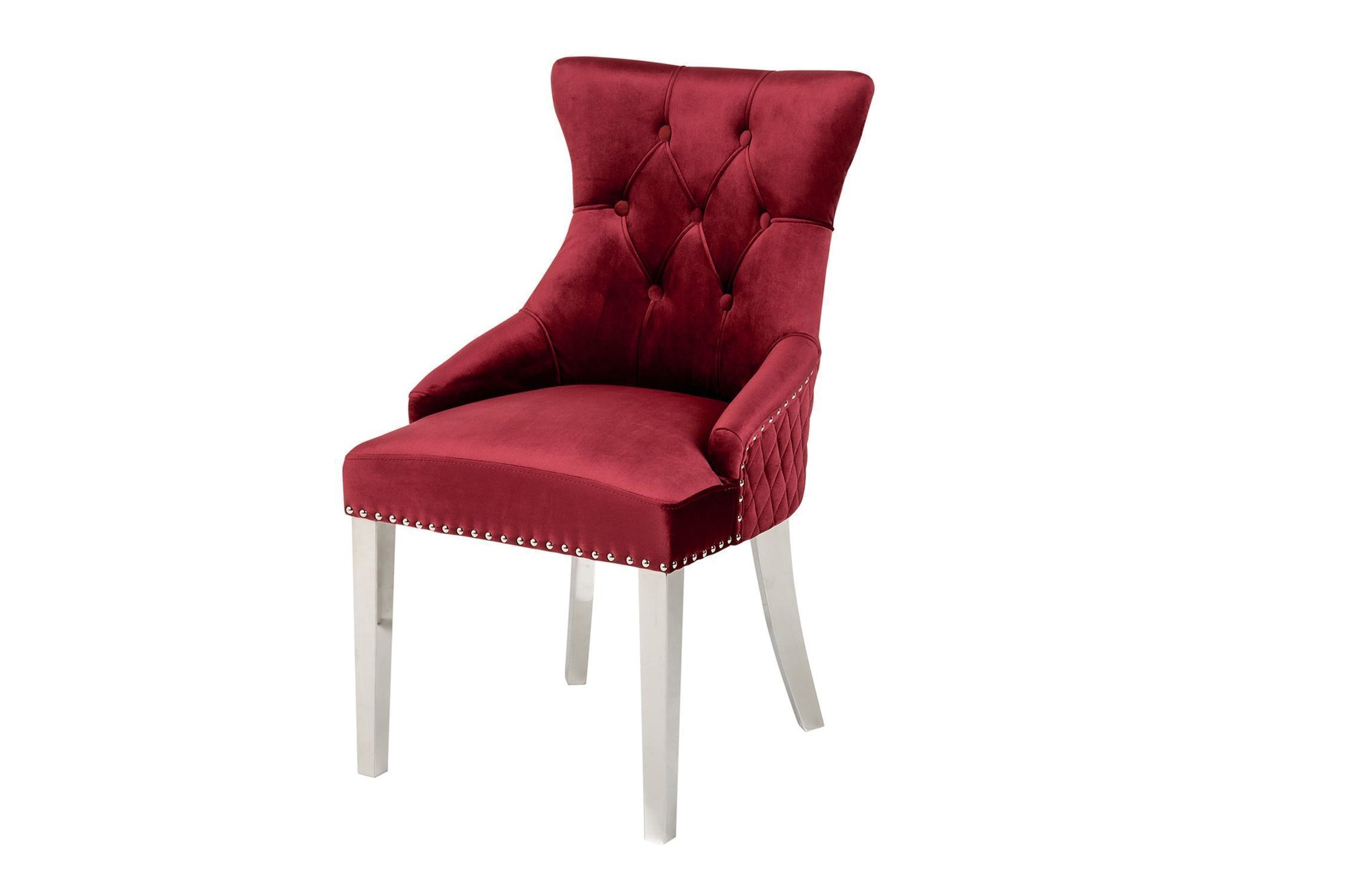 Chaise de salle à manger rouge argent avec poignée velours acier inoxydable Chesterfield
