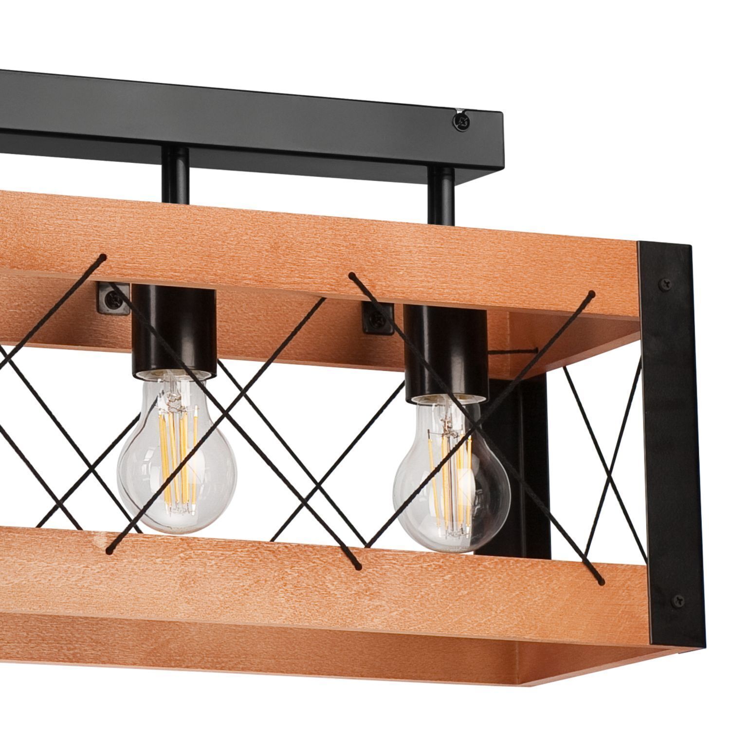 Deckenlampe Rustikal Holz Metall 4x E27 63 cm lang Schwarz Licht