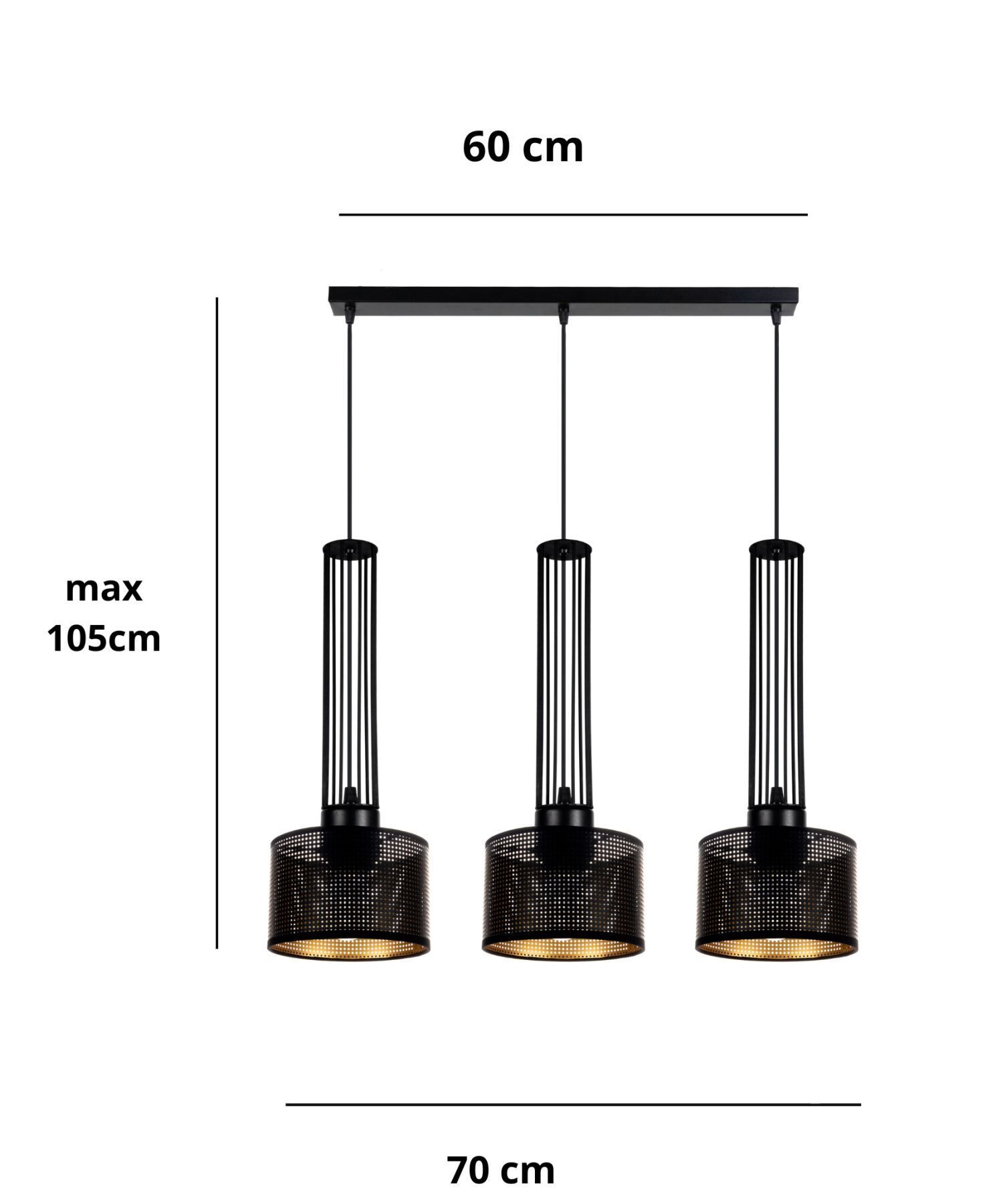 Longue lampe suspendue en métal 70 cm 3-flmg noir or