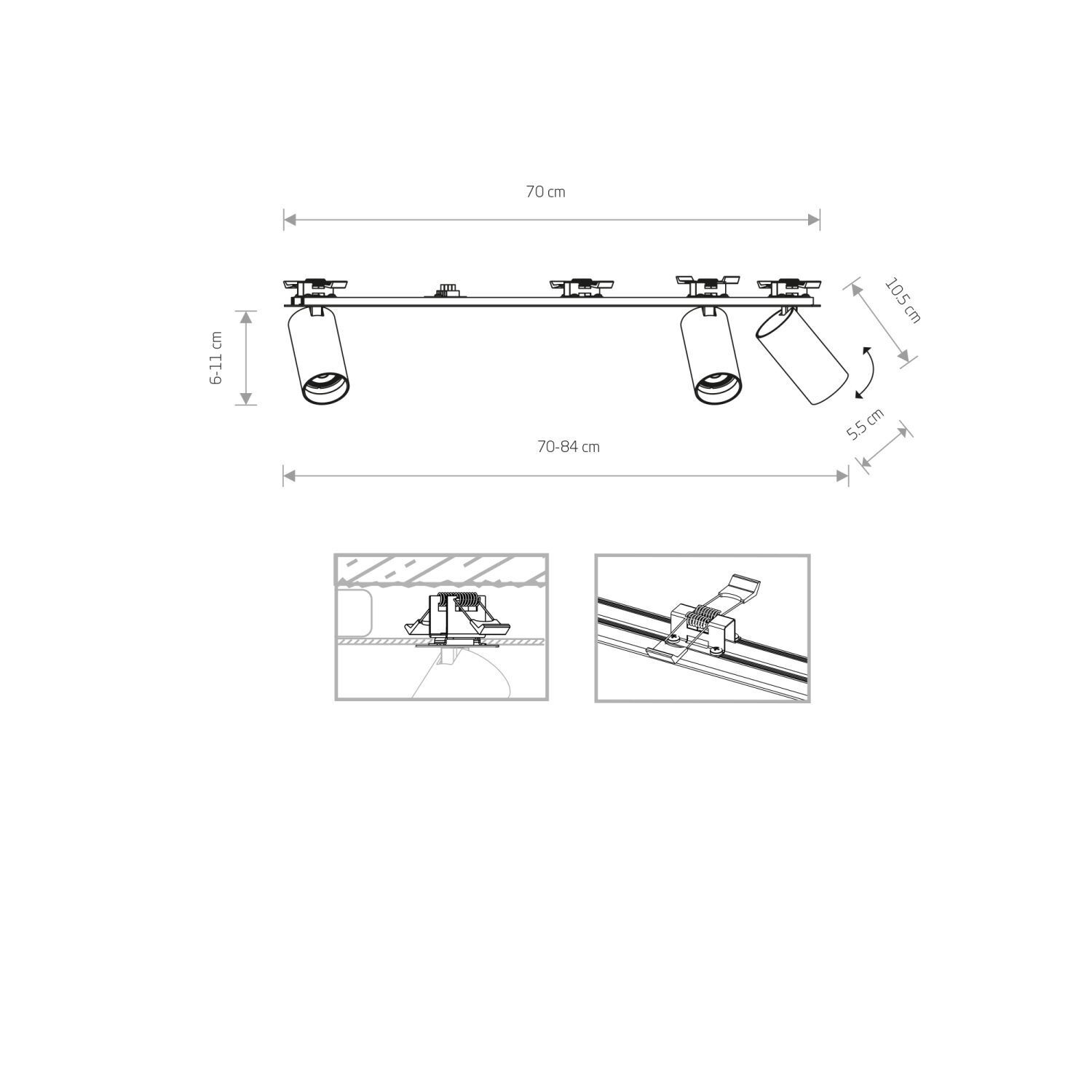 Spot de plafond encastré 70 cm de long 3-flamme GU10 noir laiton