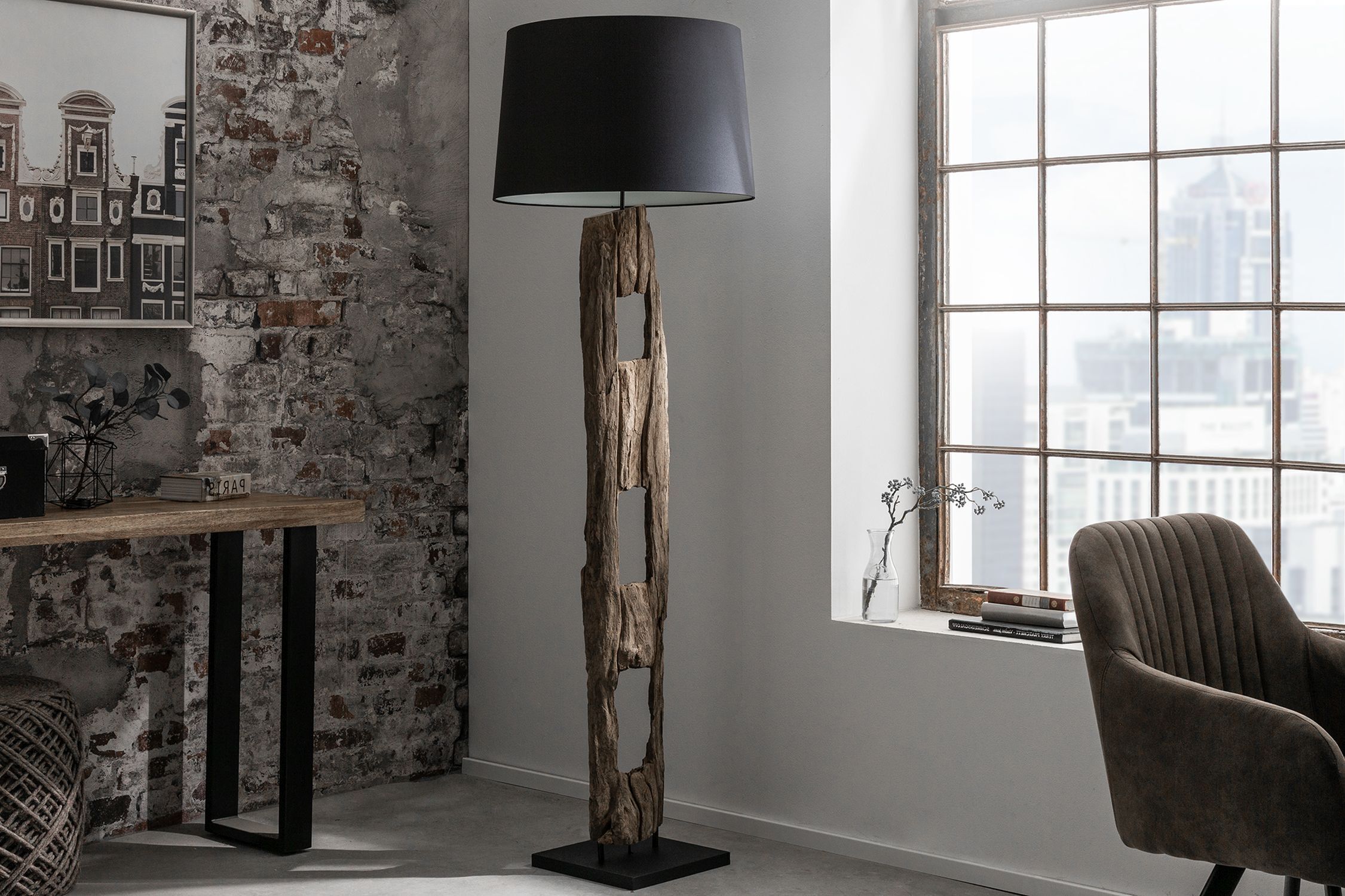 Lampadaire Tissu Bois 177cm de haut faible éblouissement en noir