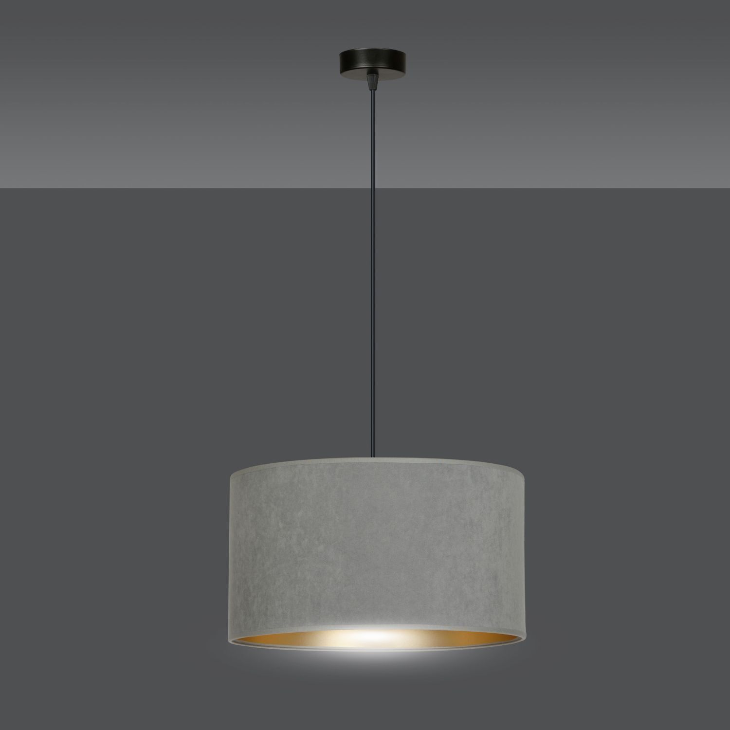 Hängelampe Stoff Ø 35 cm rund Modern Schwarz Grau Gold E27 Lampe, Kronleuchter