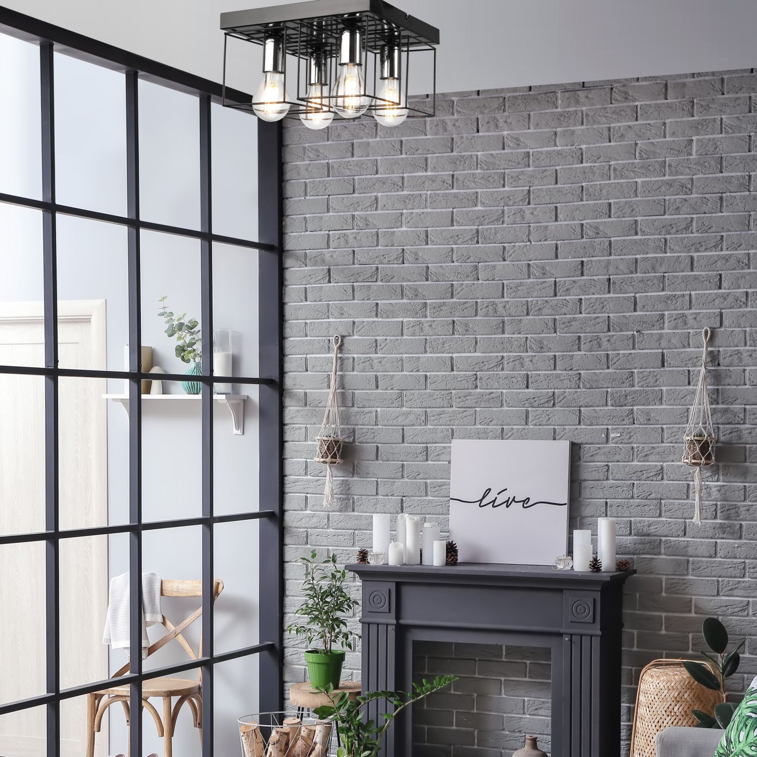 Plafonnier Métal Noir Chrome L : 30 cm carré 4 flammes